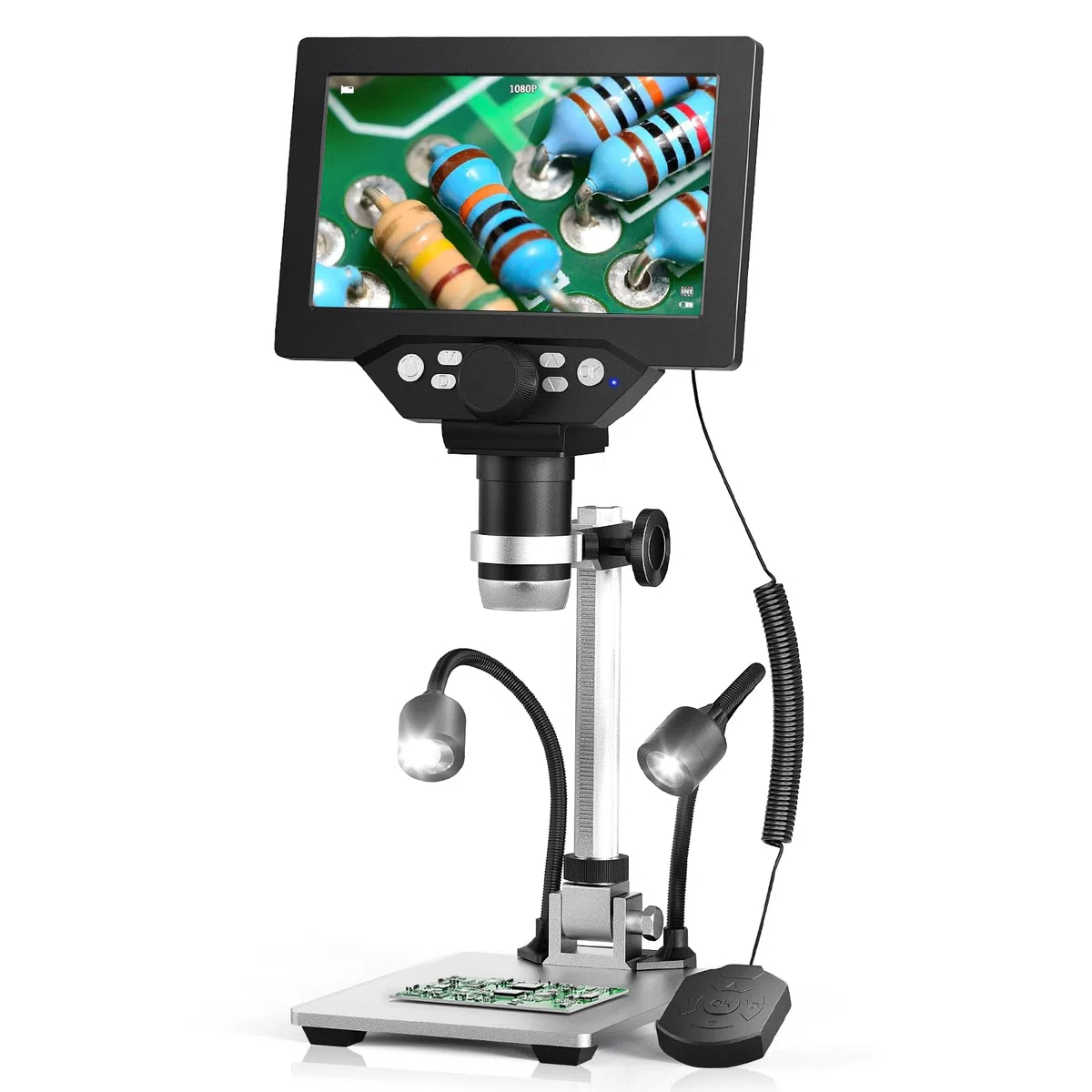 Microscopio Digitale 7 Pollici, Ingrandimento 1200X 12MP Registrazione 1080P con 8 Luci LED Regolabili, Schermo IPS, Connessione PC per Saldatura, Scienza, Istruzione Compatibile con Windows