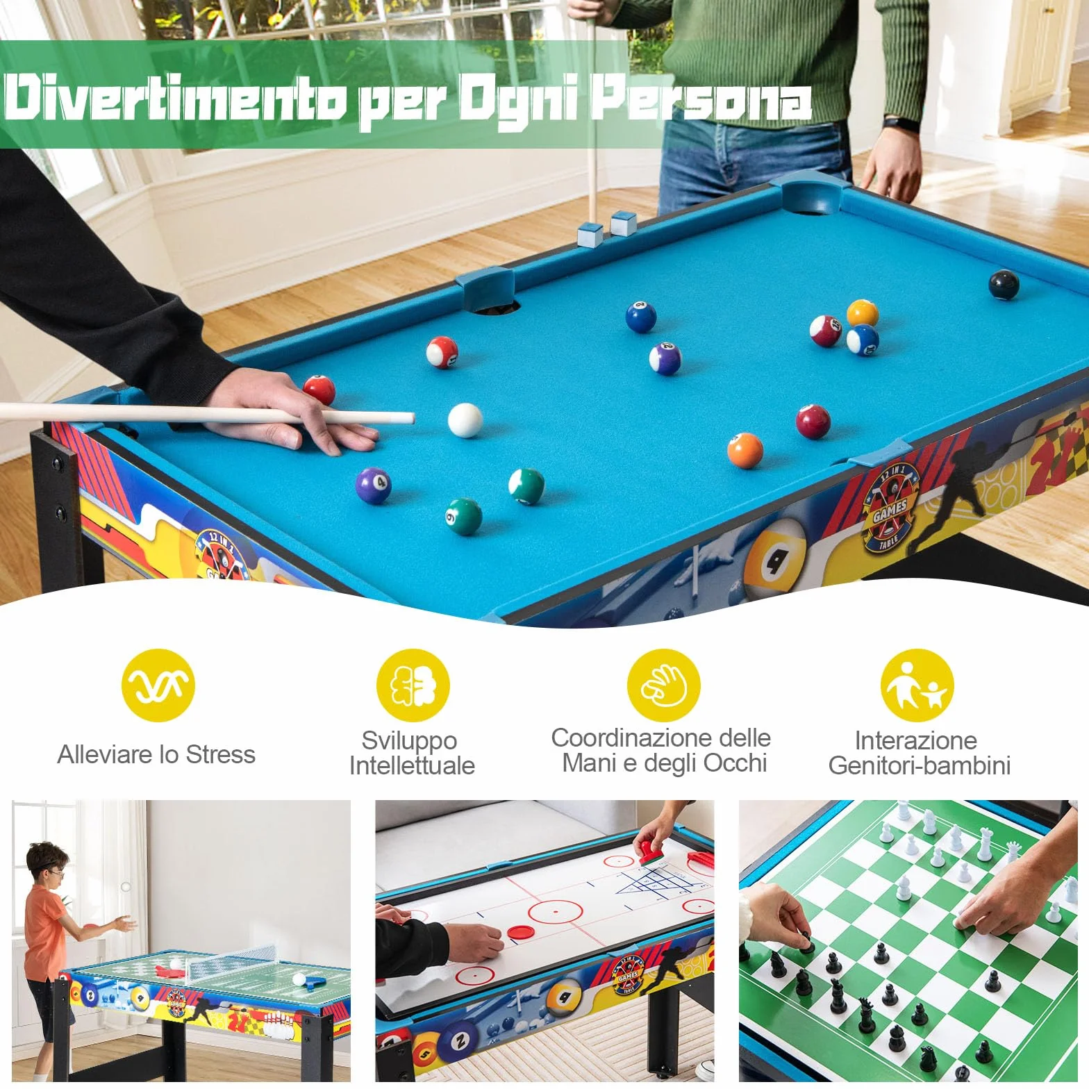 RELAX4LIFE 12 IN 1 Tavolo da Gioco Multifunzionale, Set da Tavolo Multigioco Calcio Balilla Ping Pong Air Hockey Scacchi Bowling, per Casa Ufficio Bar