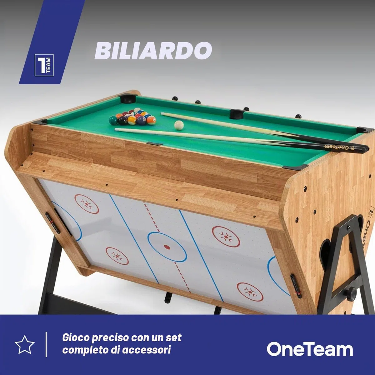 OneTeam FunArena 3in1 – Tavolo da gioco: calcio balilla, biliardo, air hockey; multifunzionale, stabile, compatto con campi di gioco intercambiabili, ideale per casa, sale comuni e stanze di gioco