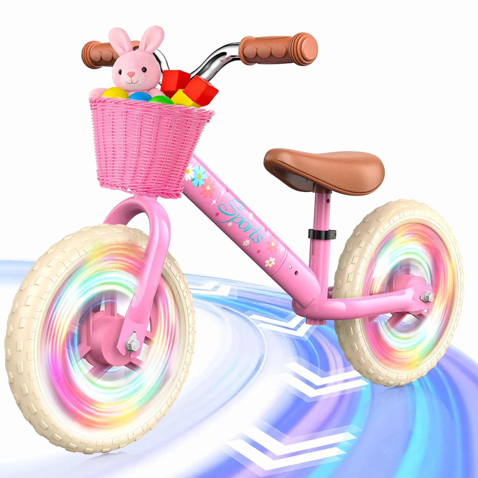 HappyGoLucky Bici Senza Pedali 2-5 Anni, Bicicletta Bambina – Ruote Luminose/Altezza Regolabile/Cestino Intrecciato, Giochi Regalo Giocattoli Gioco Bambina 2-5 Anni