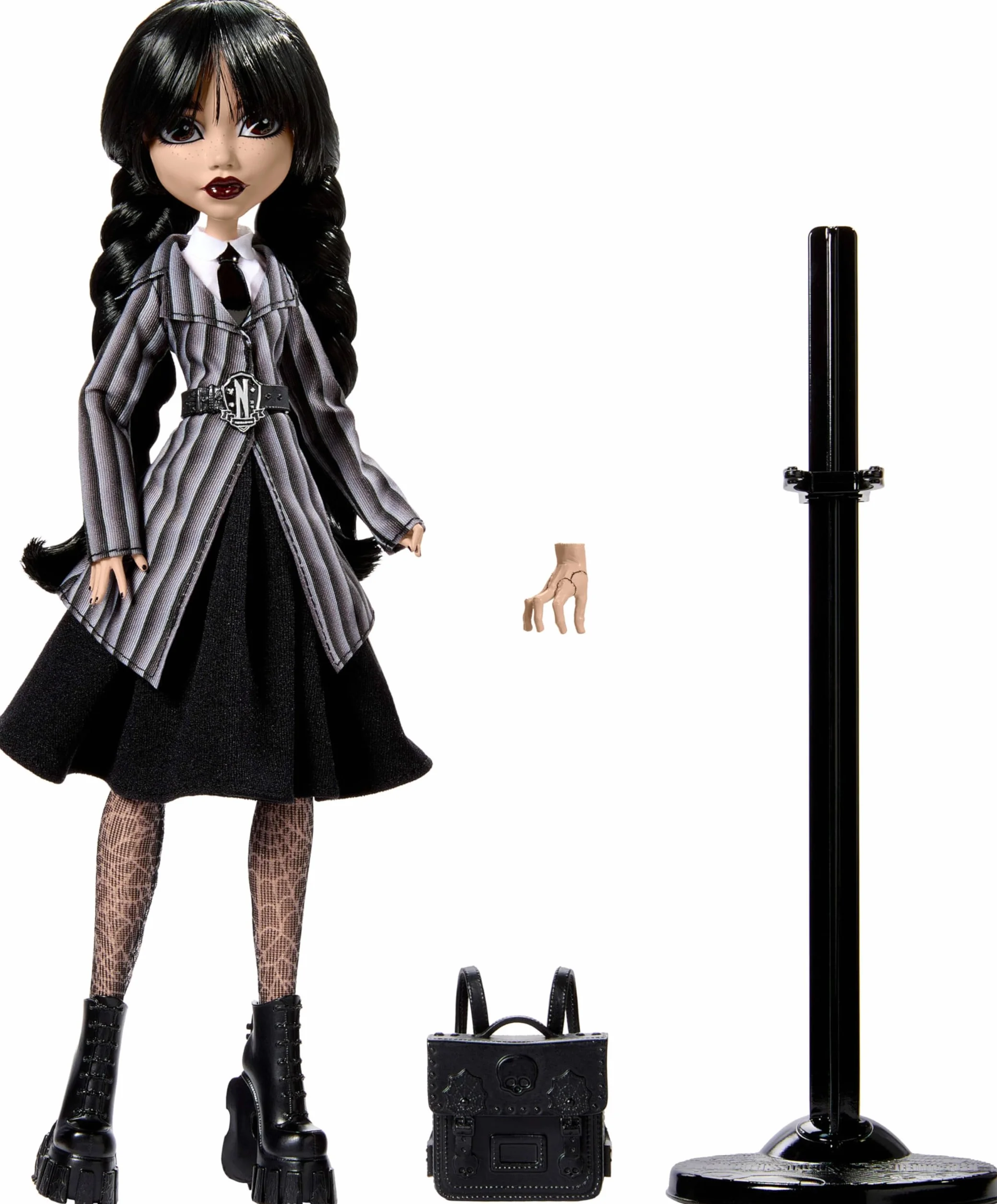 Monster High Mercoledì, bambola e accessori, Mercoledì Addams da collezione in uniforme Nevermore Academy con Mano; zaino e piedistallo per bambola, HXJ04