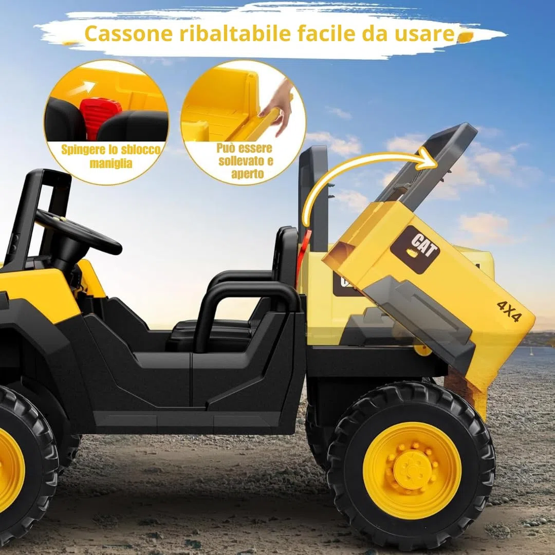 Caterpillar Macchina Elettrica 24V per Bambini Camion da Cantiere con Cassone Ribaltabile e Pala 4 Motori 100W Telecomando Genitori 50kg