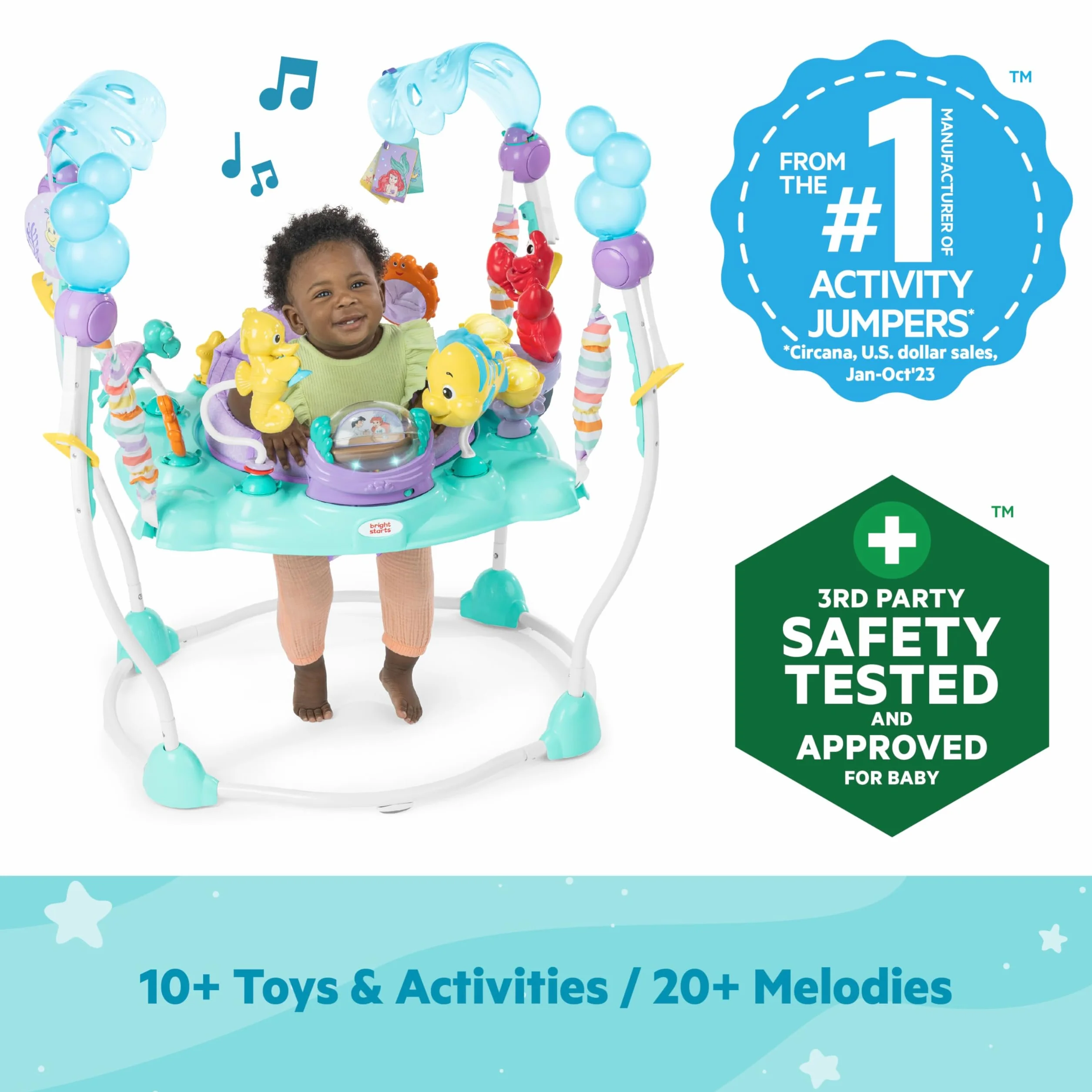Bright Starts, Disney Baby, Jumper multiattività Sea of Activities della Sirenetta, con Giocattoli interattivi, luci e Musica con Principessa Ariel di Disney, 6-12 Mesi (Blu)