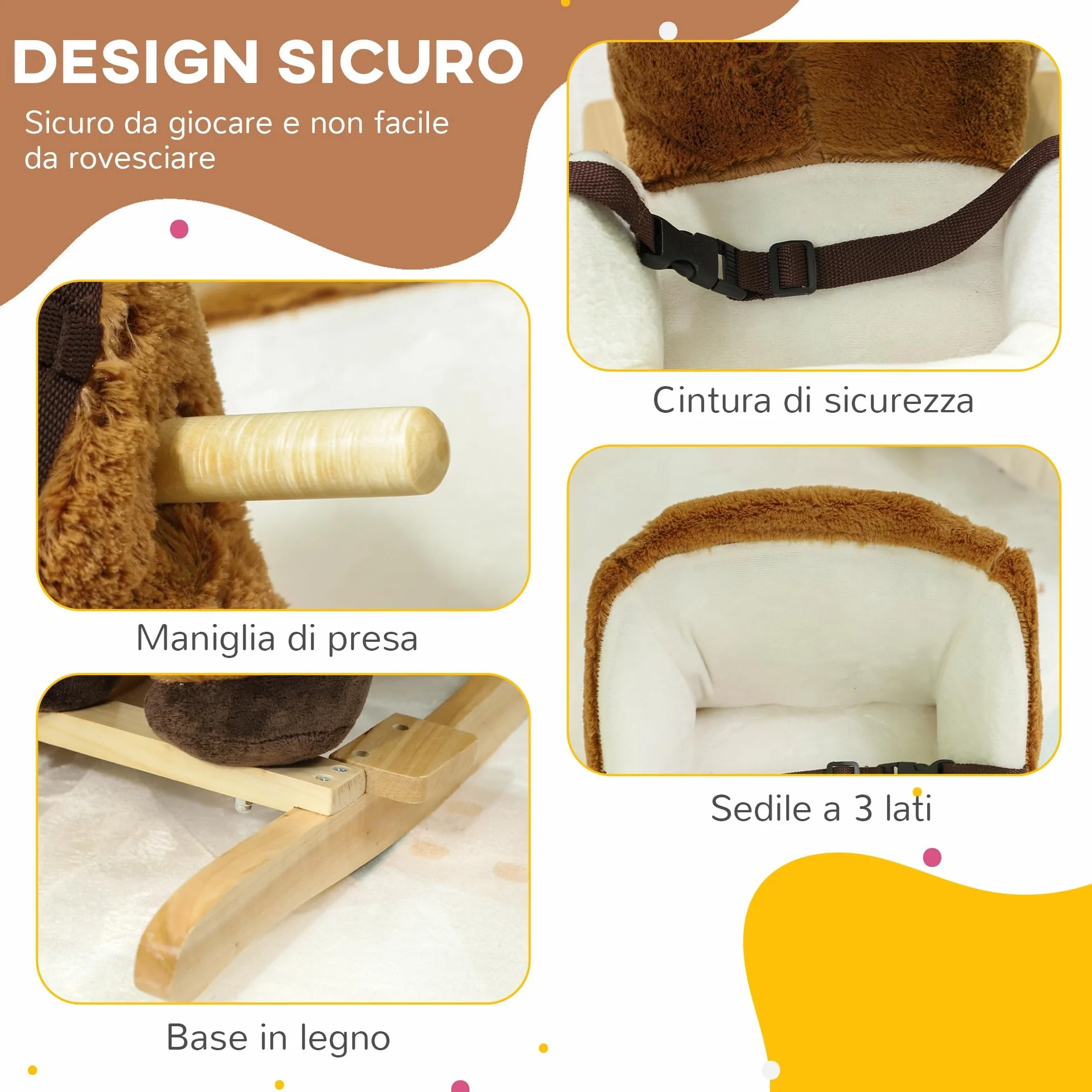 AIYAPLAY Cavallo a Dondolo per Bambini 18-36 Mesi, Cavallino in Peluche con Suoni, Base in Legno e Cintura di Sicurezza, Marrone