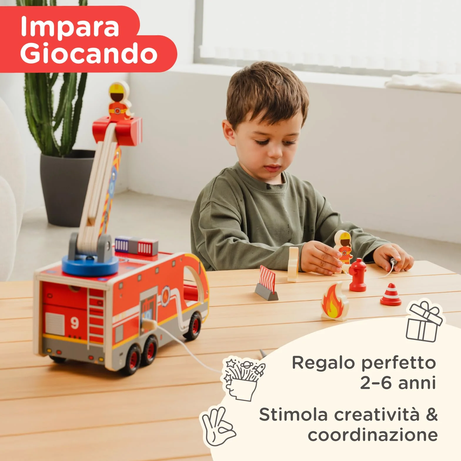 Nene Toys Camion dei Pompieri in Legno – Giocattolo Educativo Magnetico per Bambini 2+ Anni – Scala Girevole 360°, Tubi Magnetici, Idrante, Pompieri & Dalmata – Gioco Montessori FSC Regalo Perfetto