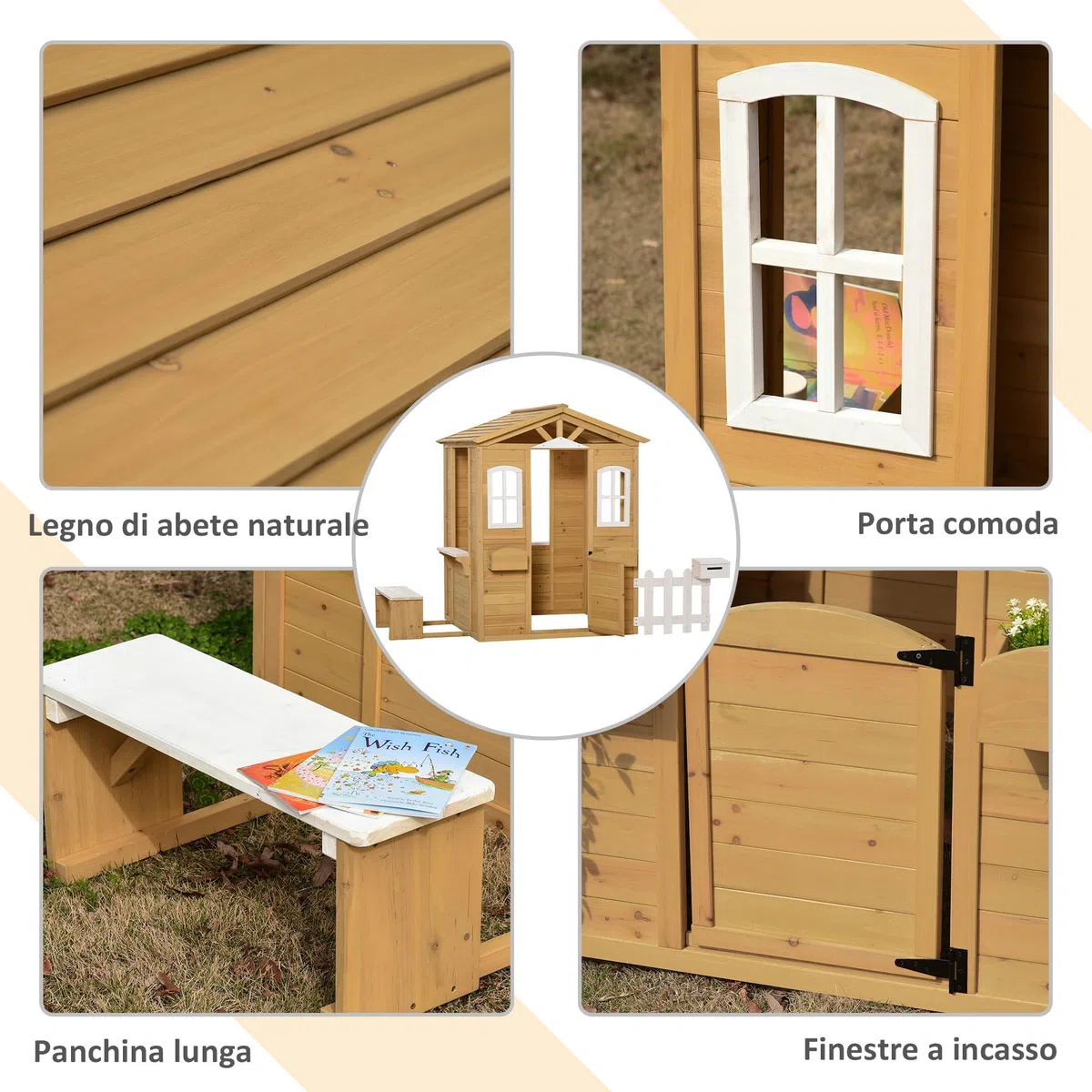 Outsunny Casetta Bambini Legno Giardino con Finestre Staccionata Portavasi Panca 205x119x140 cm