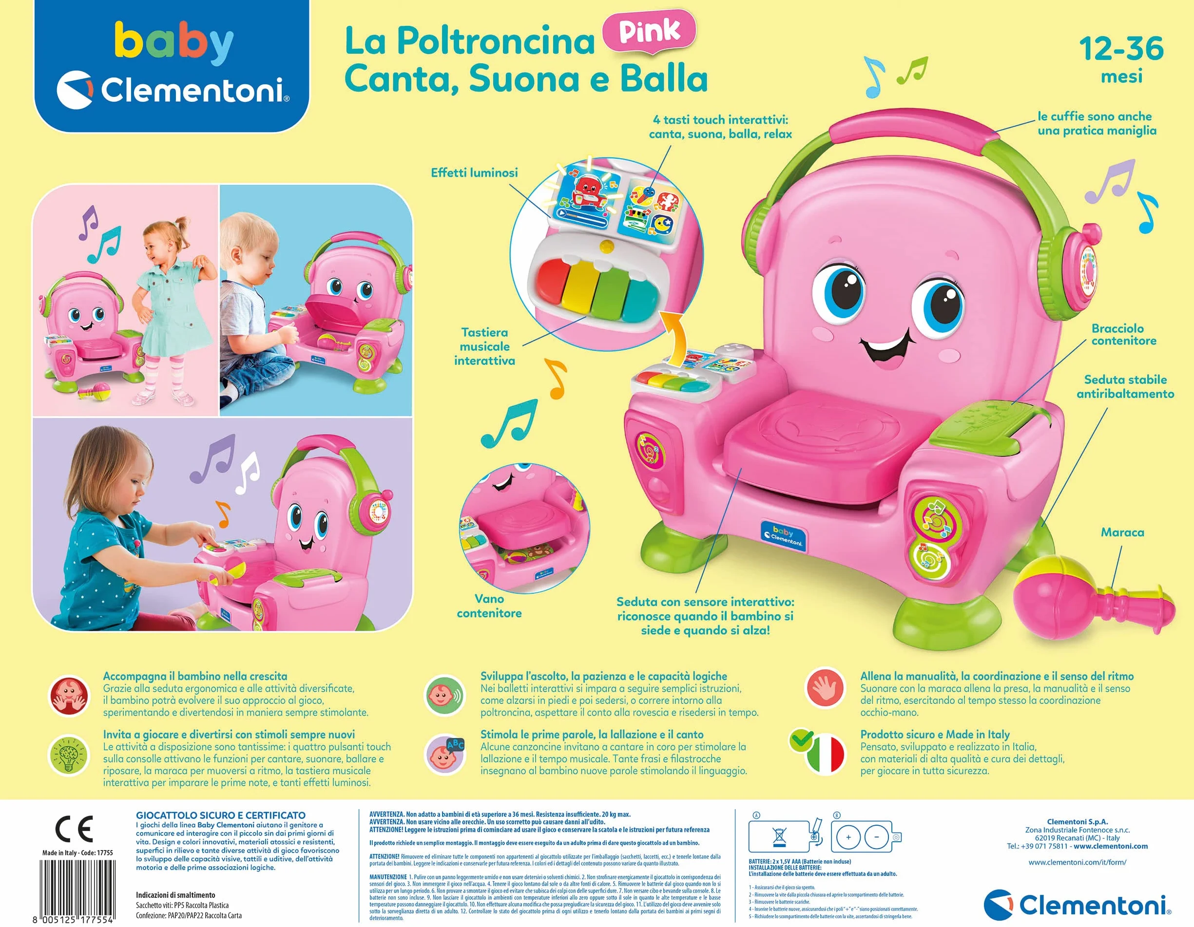 Clementoni Baby Poltroncina Interattiva Canta Suona e Balla Pink, Bambini 12-36 Mesi, Gioco Educativo con Luci e Filastrocche per Imparare Cantando e Ballando, Made in Italy, Lingua Italiana, 17755