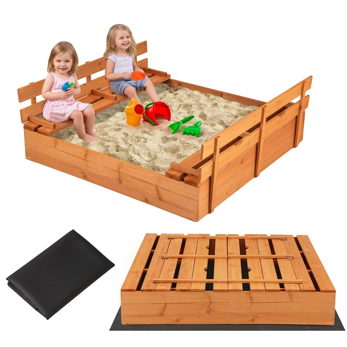 RELAX4LIFE Sabbiera con 2 Panchine per Bambini in Legno, Sabbiera con Coperchio, Sandbox per Giardino, Patio e Cortile 125 x 118 x 42,5 cm