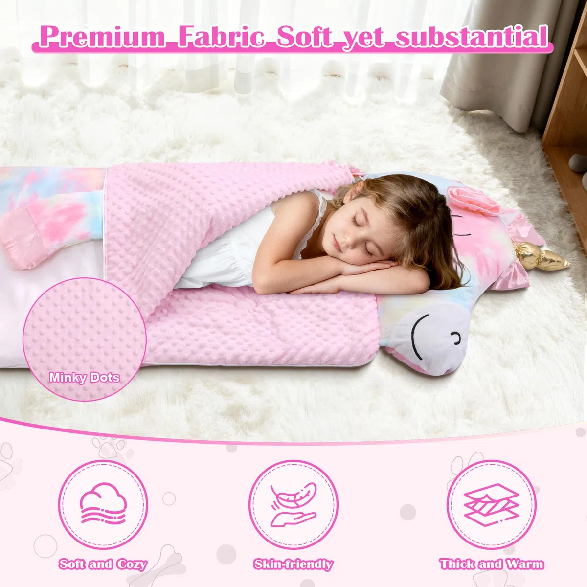 Sacco a Pelo Bambini Sfoderabile con Cuscino, Nap Mat Caldo in Peluche a Forma di Elefante, Sacco Nanna Grande Pieghevole per Interno Esterno Campeggio, 170x70cm, Blu