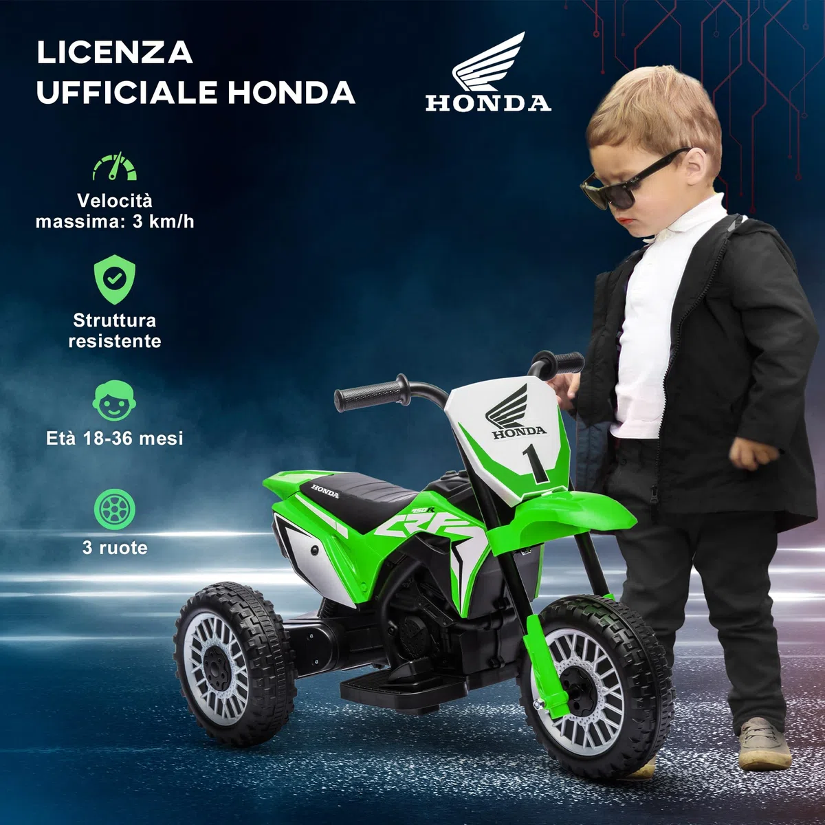 Moto da Cross Elettrica per Bambini HOMCOM Licenza Honda CRF450RL 3 Ruote 71x40.5x43.5 cm Verde