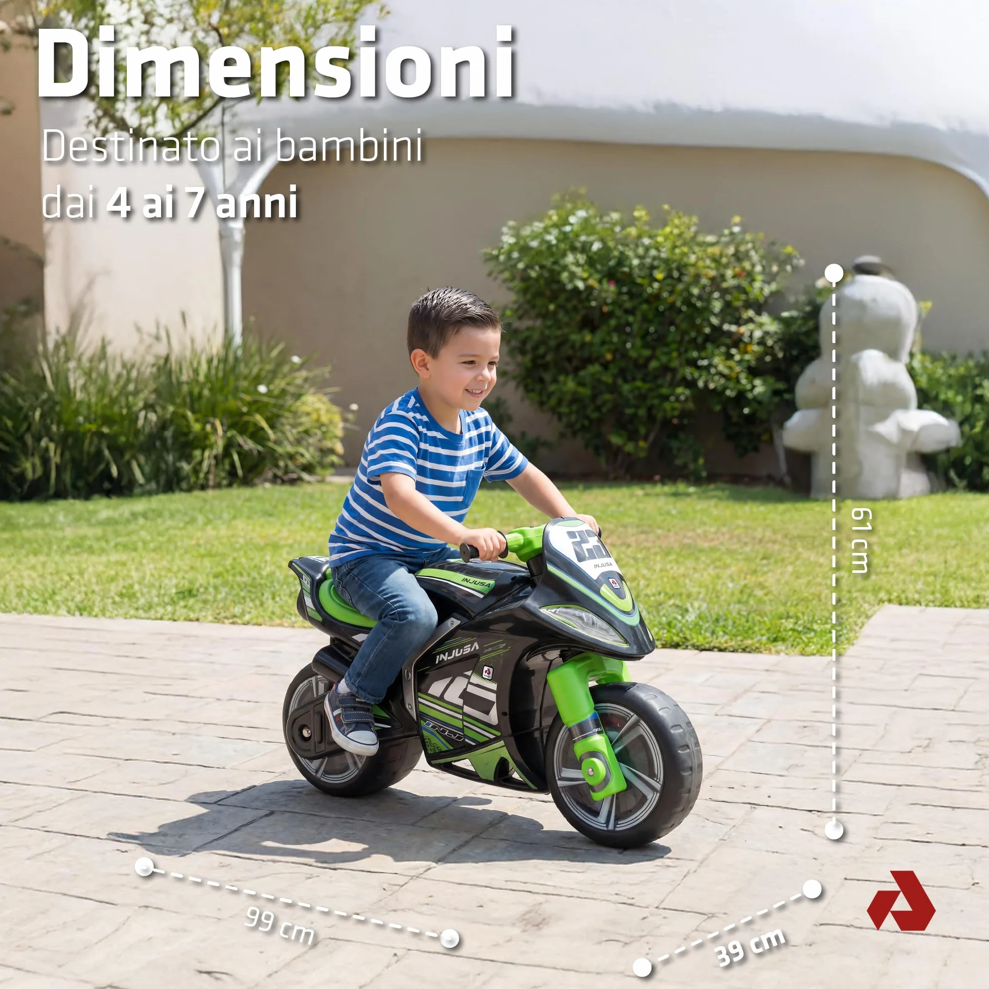 Moto per Bambini 4 ai 7 Anni - Moto per Bambino 4-5 - 6 e 7 Anni Ruote Larghe Stabile Senza Pedali - Ergonomica Maniglia Trasporto + Design Nero - INJUSA