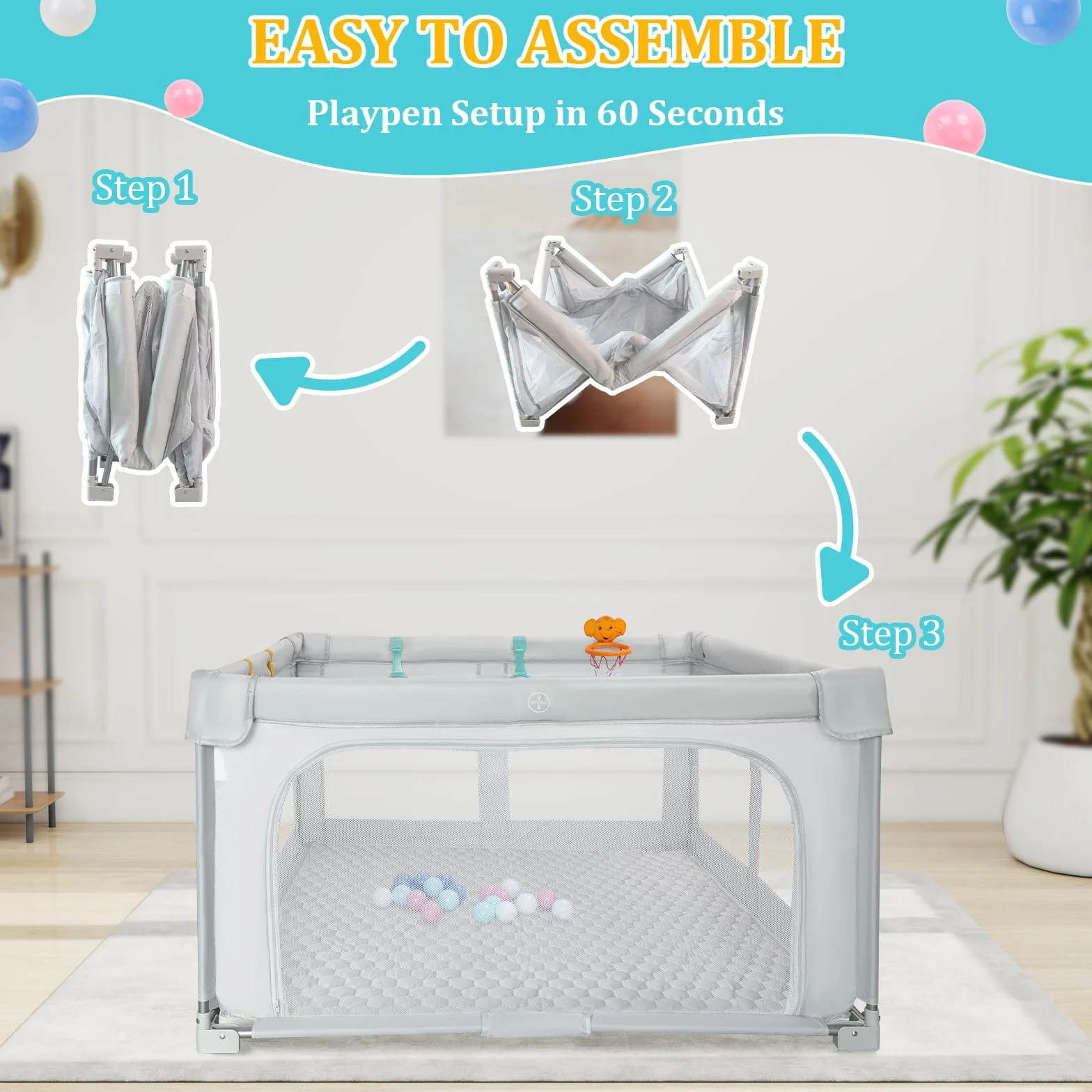 Piattaforma Gioco Bambini Pieghevole 127×127cm: Interna/Esterna – Borsa Trasporto, 20 Palle, 4 Anelli + Canestro, Tappeto Spuma