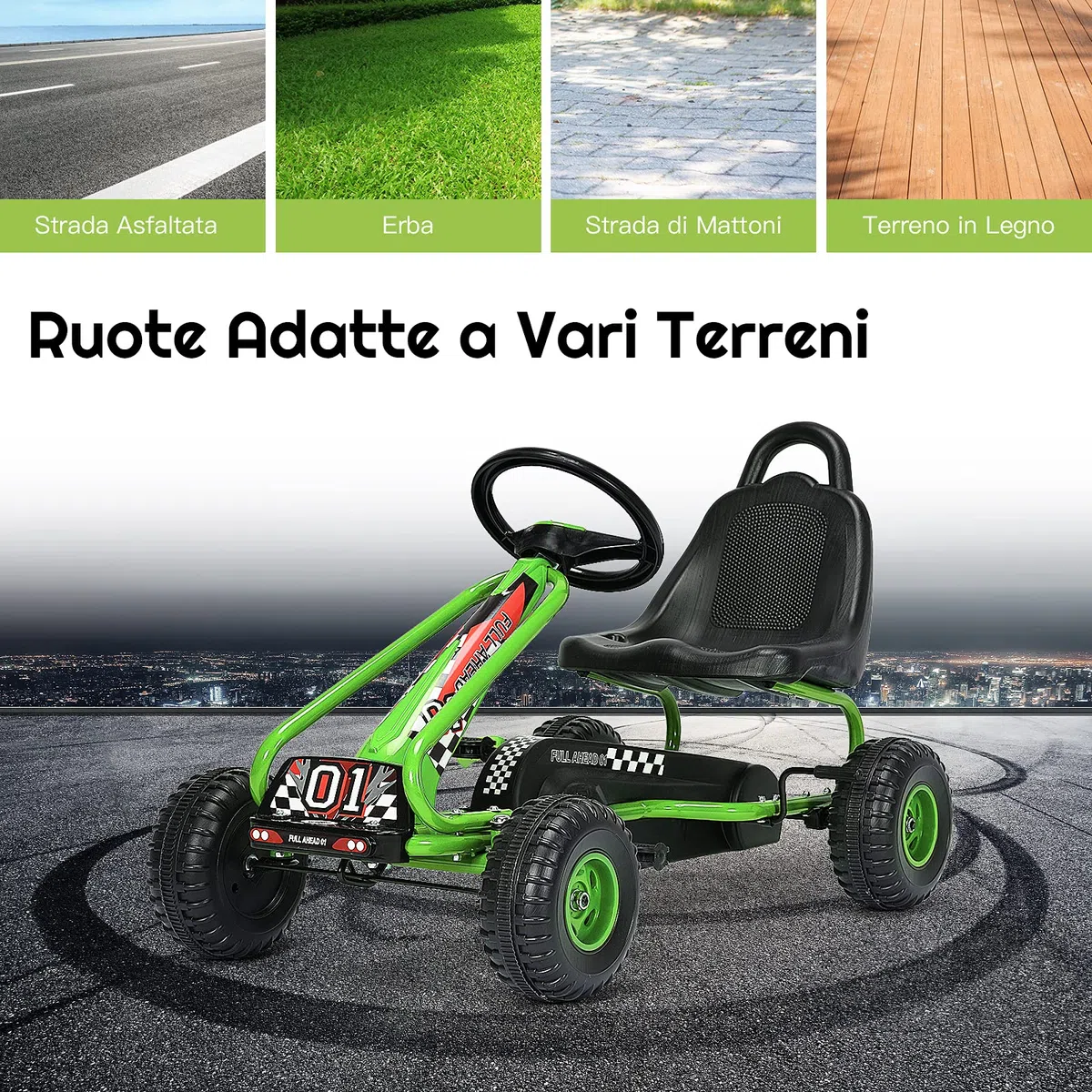Go Kart dla Dzieci RELAX4LIFE 4 Koła, Fotelik Regulowany, Hamulec Ręczny, Zielony