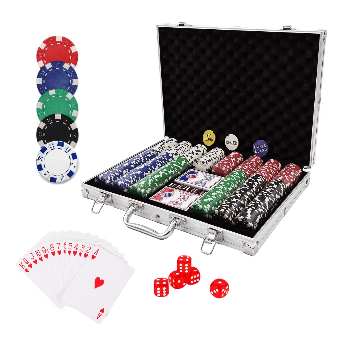 Valigetta da poker con 500 chip laser, 2 mazzi da poker, 3 bottoni, set completo da poker professionale Deluxe, set di strategia, valigetta in alluminio, dimensioni a scelta, gioco da poker