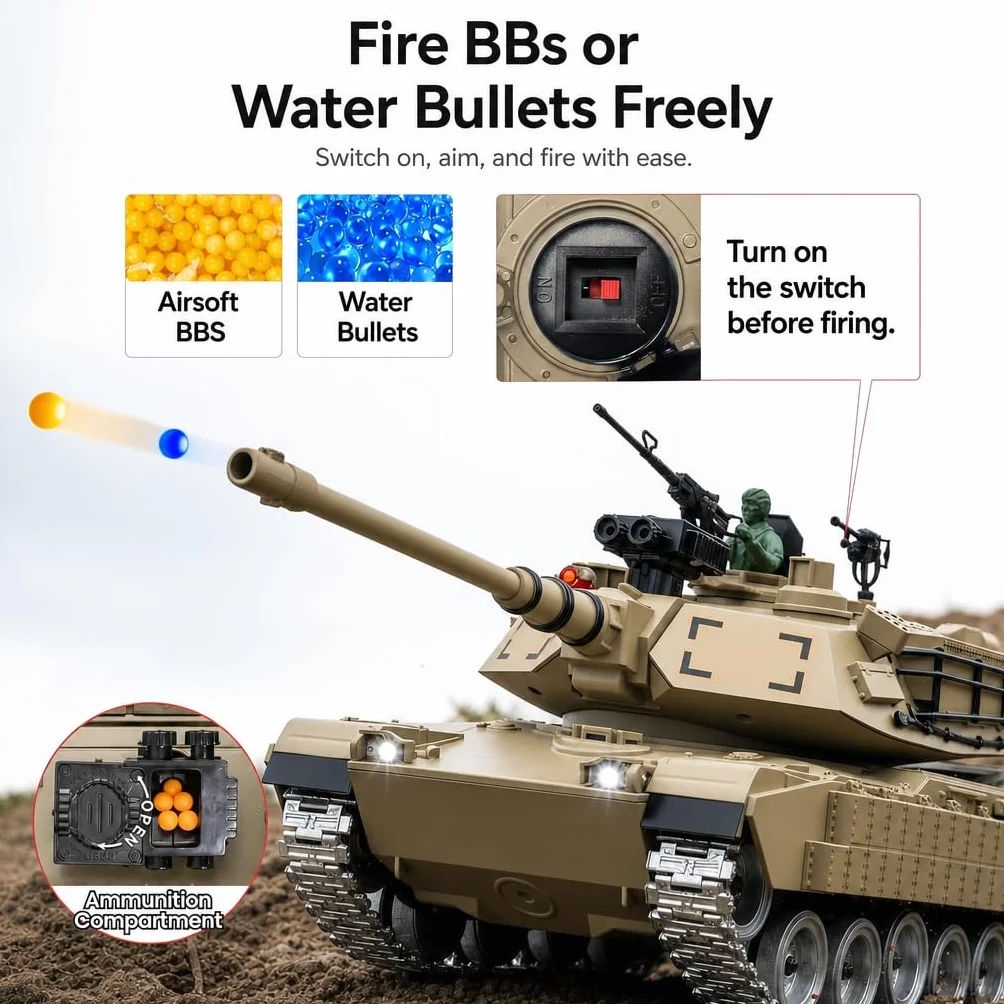 Carro Armato Telecomandato M1A2 1:18 – Cingoli Fumo Suono Luci Tiro Acqua 2.4GHz | Tank RC Giocattolo Militare Regalo Bambino 8 Anni | Kit Completo