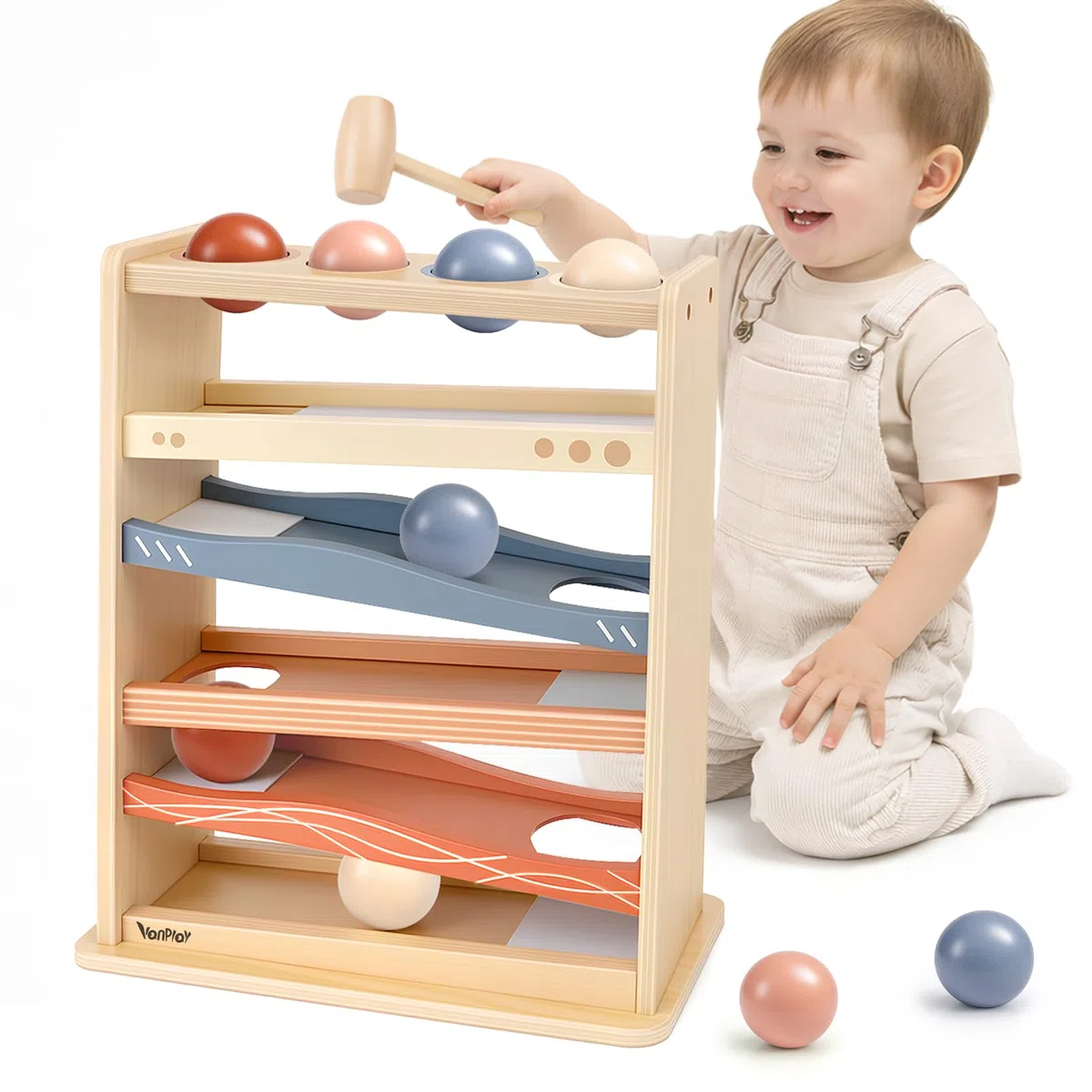Vanplay Pista Biglie Legno Bambini 1 Anno Gioco Martello 4 Palline Giocattolo Montessori