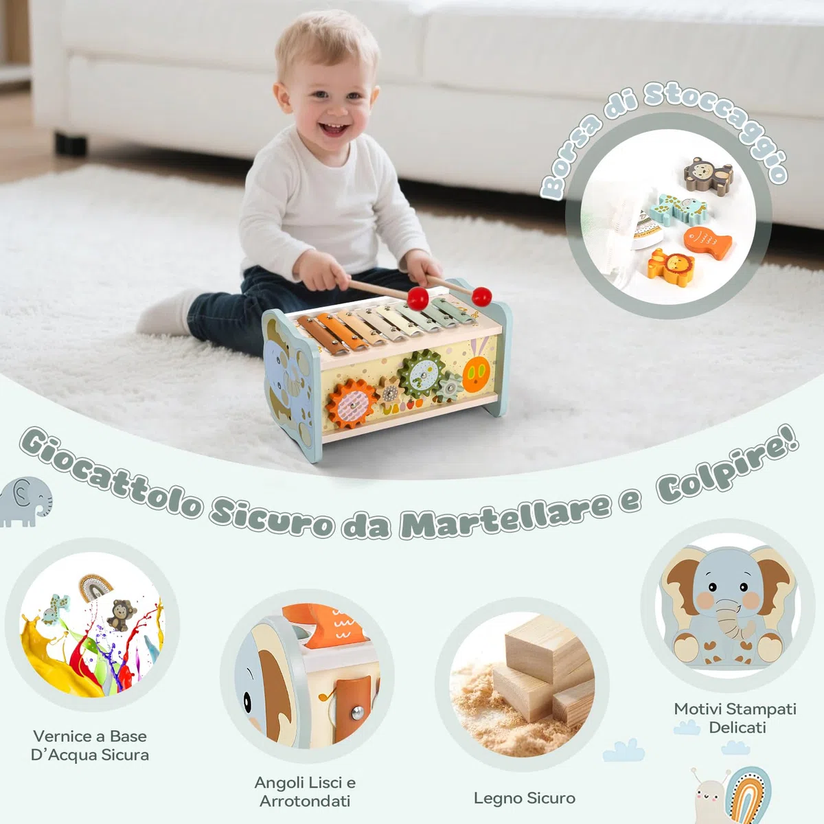 Giochi Montessori 1 Anno, Giocattoli Legno 6 in 1 con Acchiappa Talpa, Pesca, Xilofono per Bambini 1-3 Anni