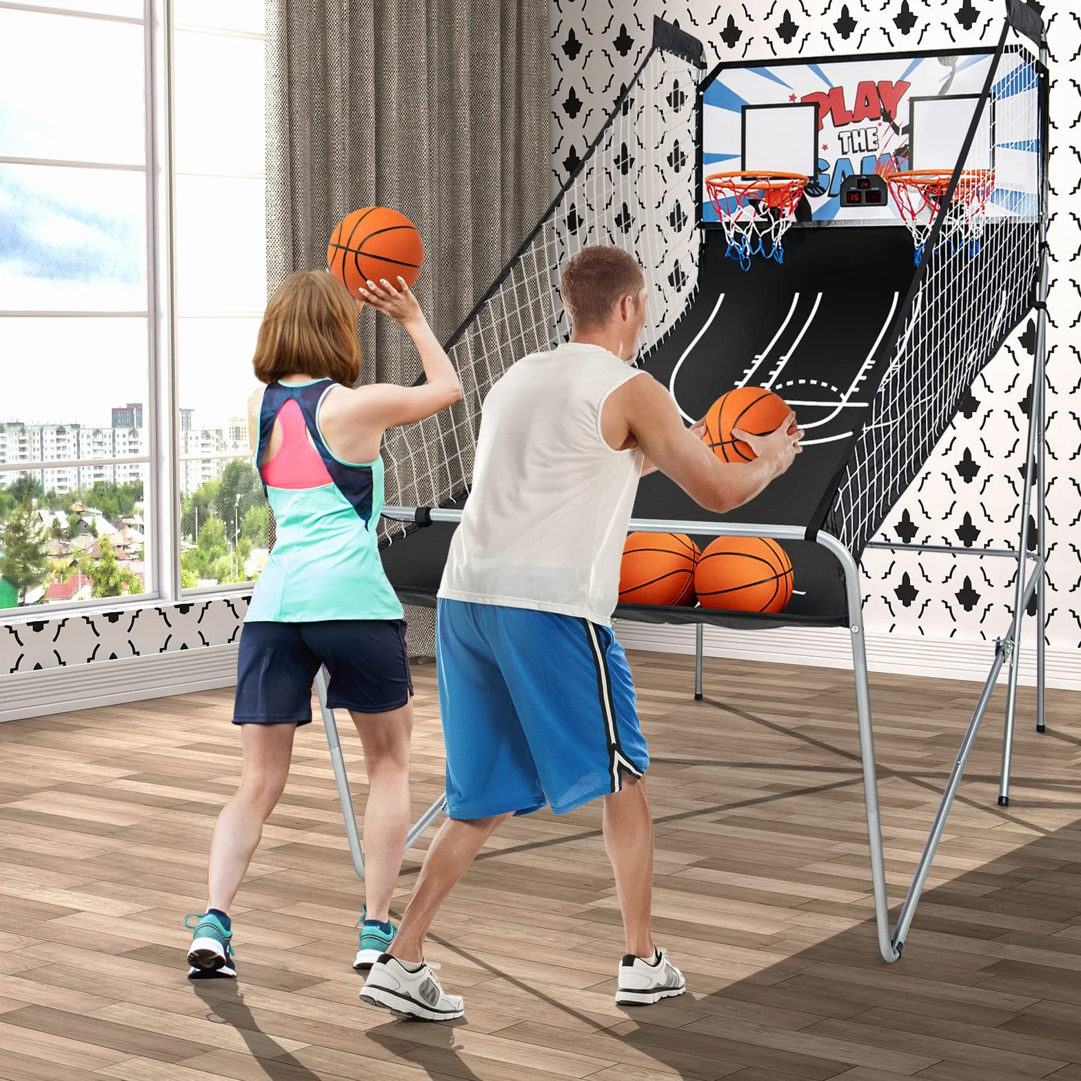 KOMFOTTEU Set di cestini da pallacanestro, arcade pieghevole a doppio cestino con contatore elettronico, 8 in 1 macchina da tiro da basket con 4 palline e pompa, 202 x 107 x 205 cm (bianco)