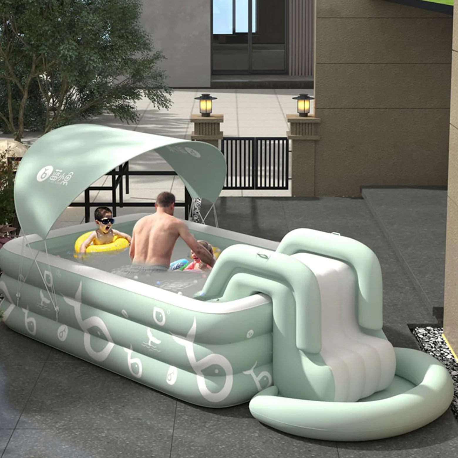 Ergocar Piscina Estiva La Piscina Gonfiabile All'Aperto è Dotata Di Scivolo Incorporato. Piscine Fuori Terra Per Bambini e Adulti. Piscina Ricreativa Per l'Intrattenimento Familiare