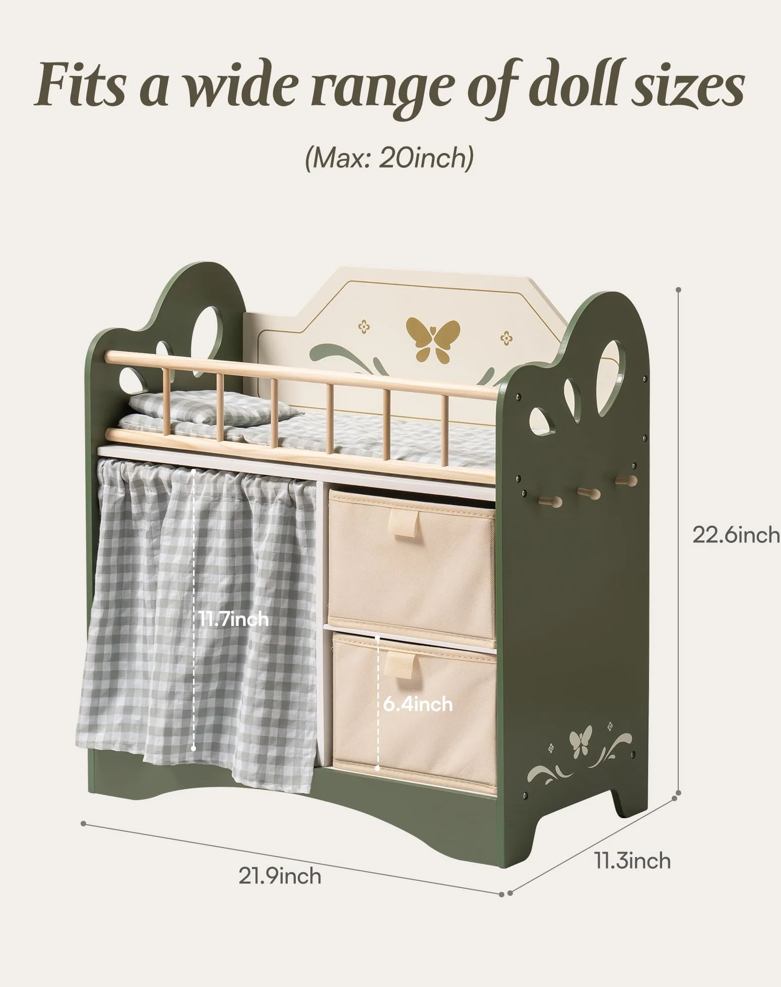 ROBUD Letto per bambole in legno con armadio e biancheria, fino a 53 cm, regalo per bambine dai 3 anni (verde)