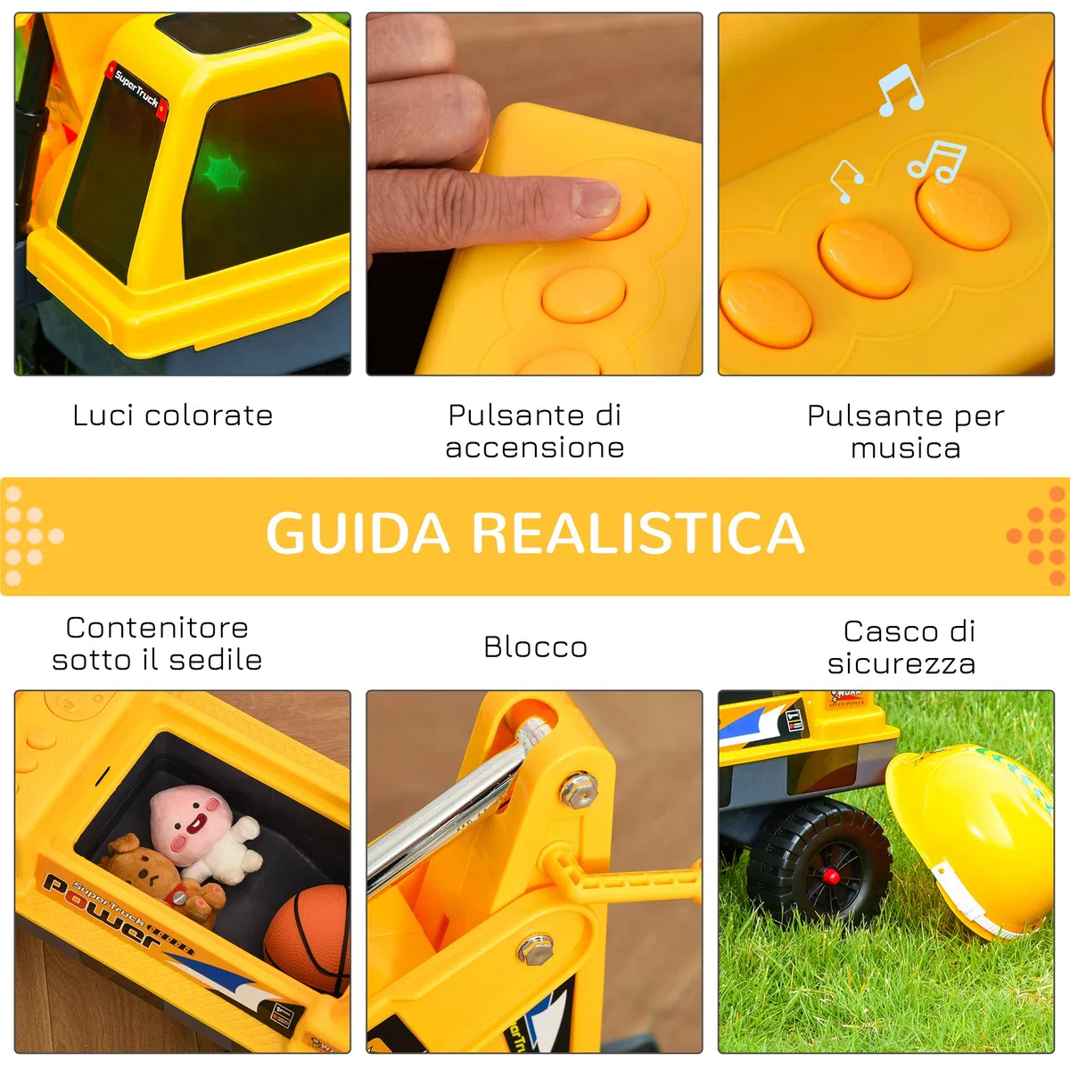 HOMCOM Ruspa Giocattolo 2 in 1 con Escavatore e Mordente, Vano Nascosto, Gioco Cavalcabile Bambini 2-3 Anni, 90x28x58cm, Giallo