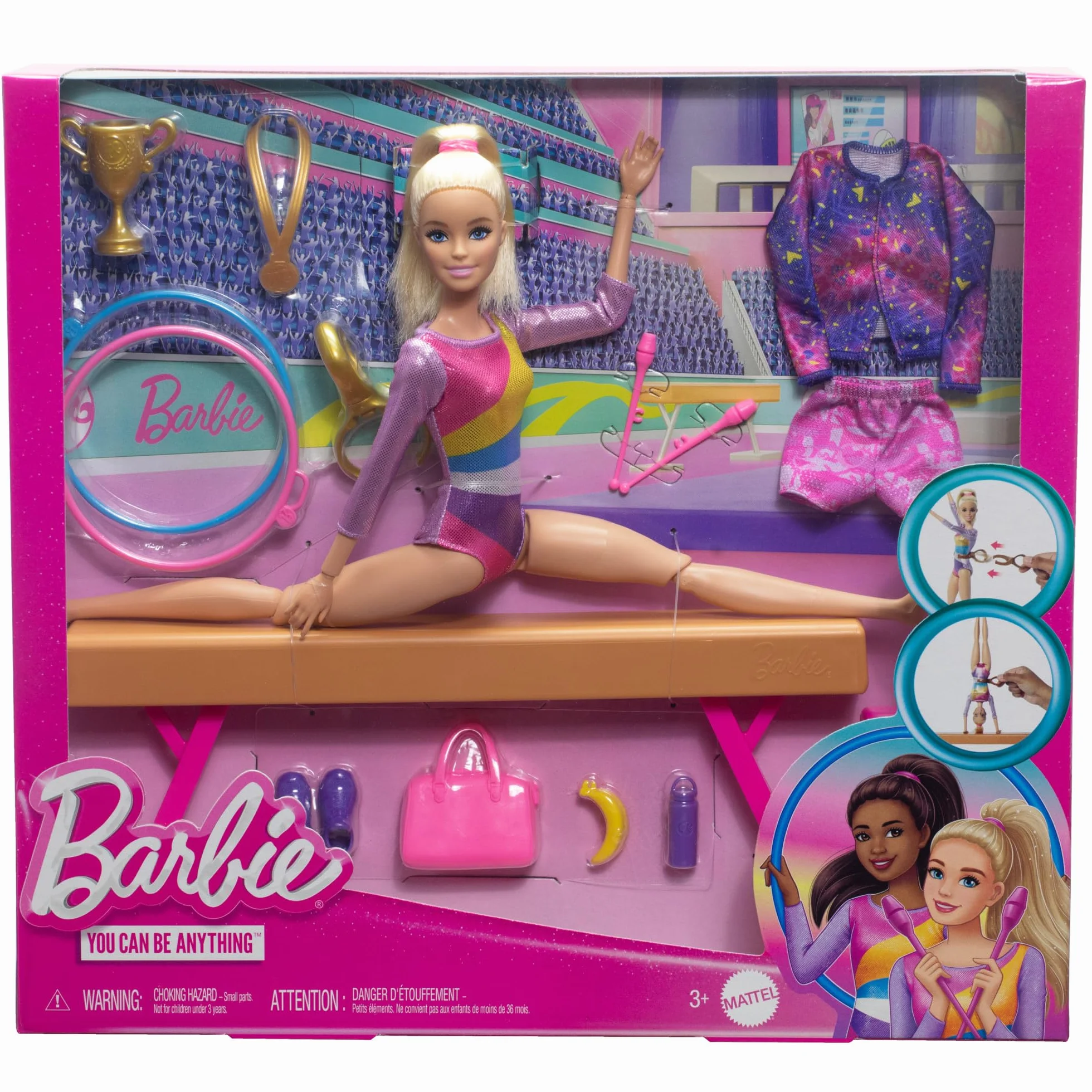 Barbie - Ginnastica Artistica, playset con bambola ginnasta bionda, tuta per il riscaldamento, trave, fermo a C per le acrobazie e 10+ accessori inclusi, giocattolo per bambini, 3+ anni, HRG52