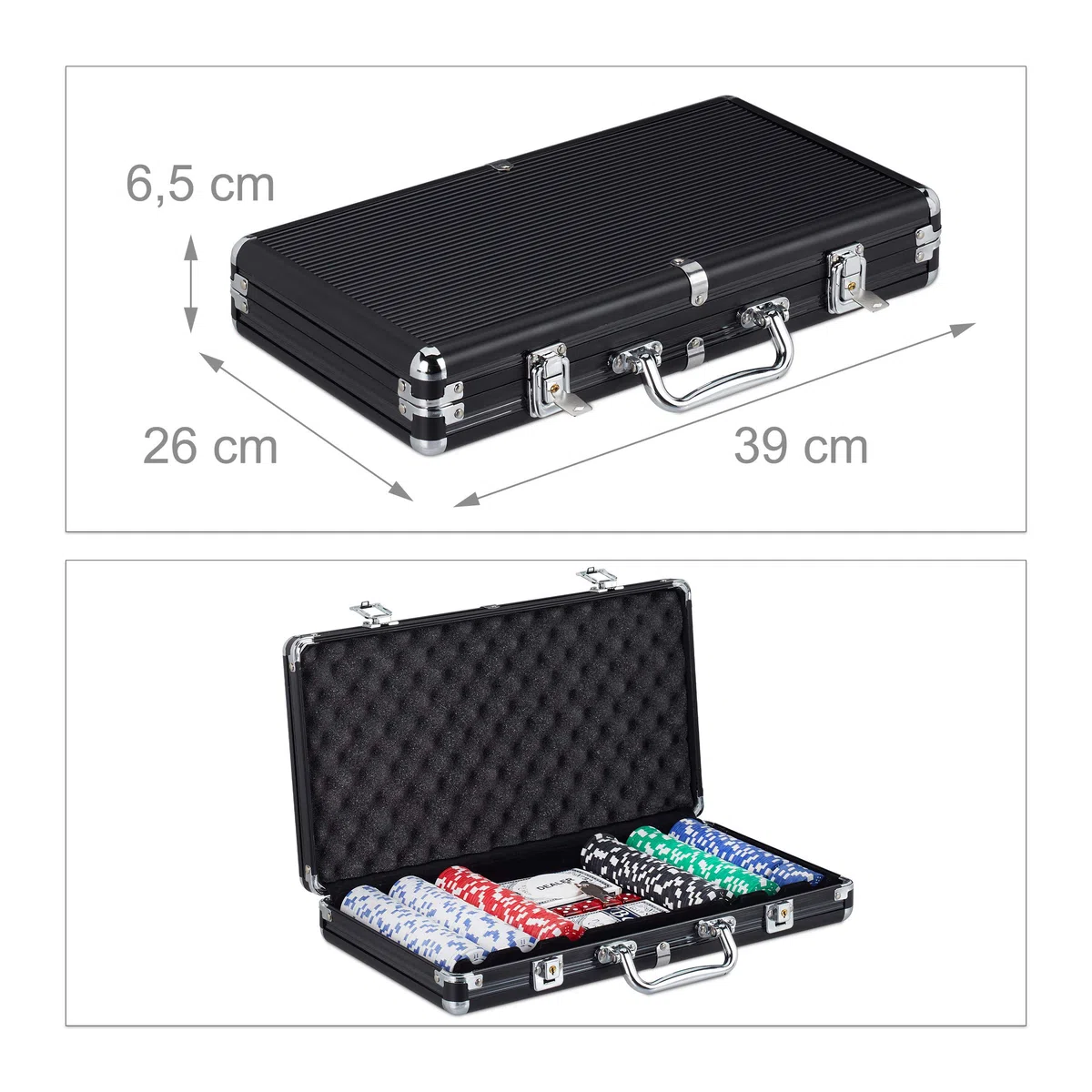 Relaxdays Valigetta Poker Alluminio Nero 300 Chip Laser 2 Mazzi Carte 5 Dadi Richiudibile Portatile