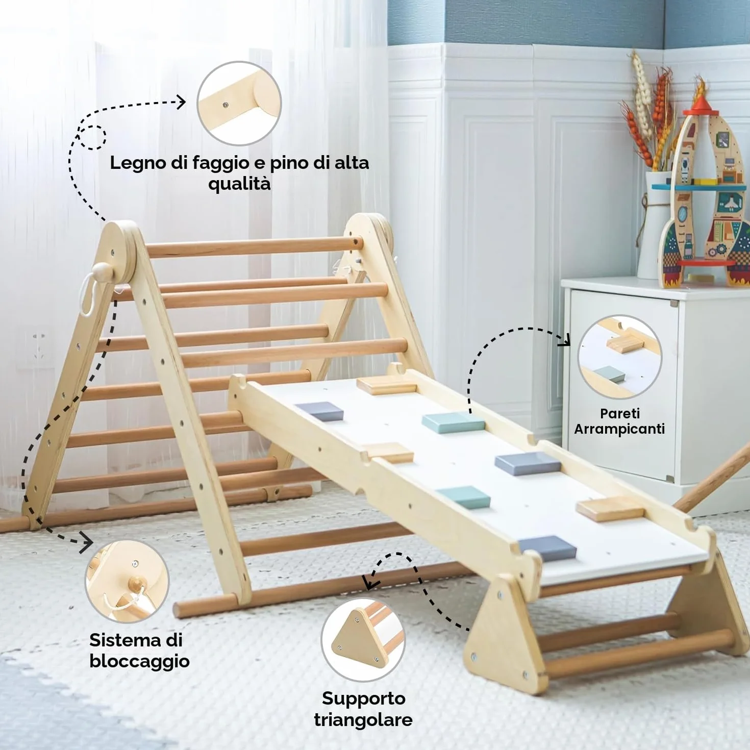 Mamabrum Parco Giochi in Legno con Scaletta e Parete da Arrampicata – Casa Multiattività con 3 Livelli di Regolazione, Triangolo Motorio, Capacità di Carico fino a 50 kg