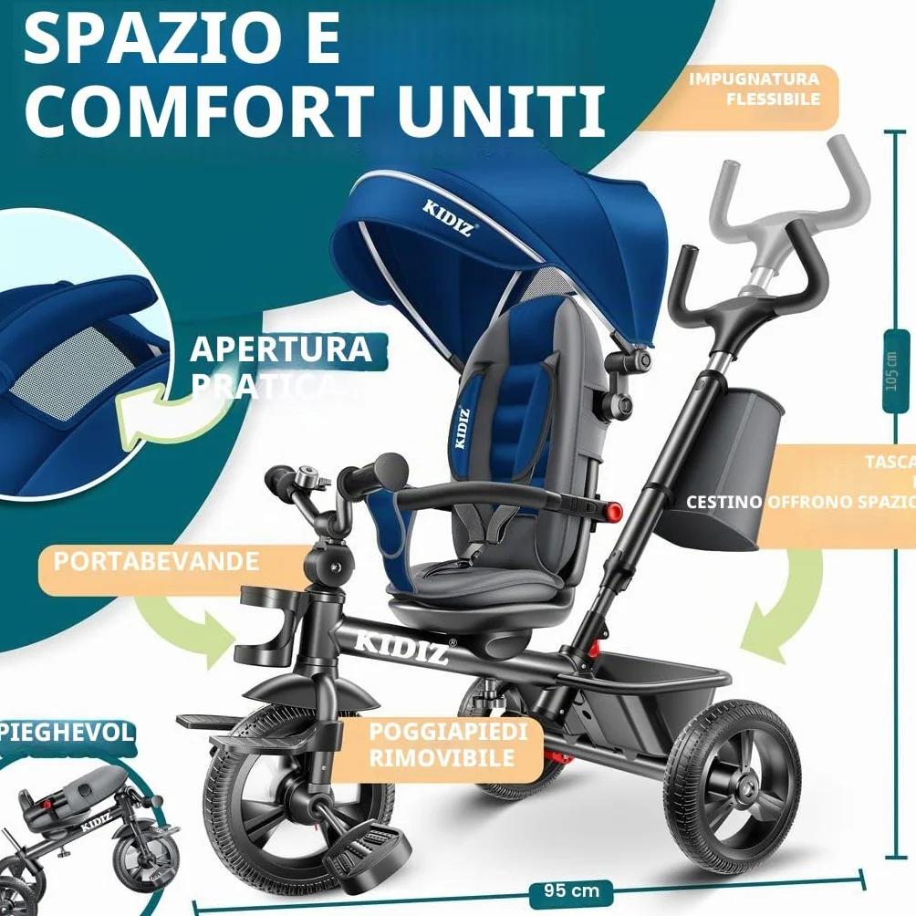 KIDIZ Triciclo 6 in 1 Dirigibile da 9 mesi Joggant anteriore e posteriore Peso massimo 25 kg Barra di spinta Cestino parasole Ruote in gomma