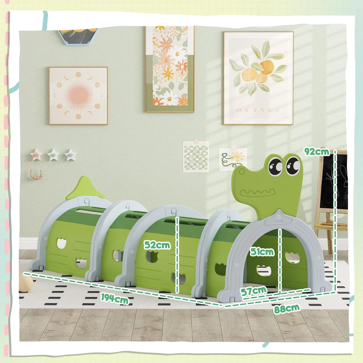 AIYAPLAY Tunnel da Gioco per Bambini 3-6 Anni a Forma di Coccodrillo, Tunnel Gioco da Interno ed Esterno in Plastica, Modulabile in Diverse Forme, Adatto per Asilo e Parco Gioco, Verde