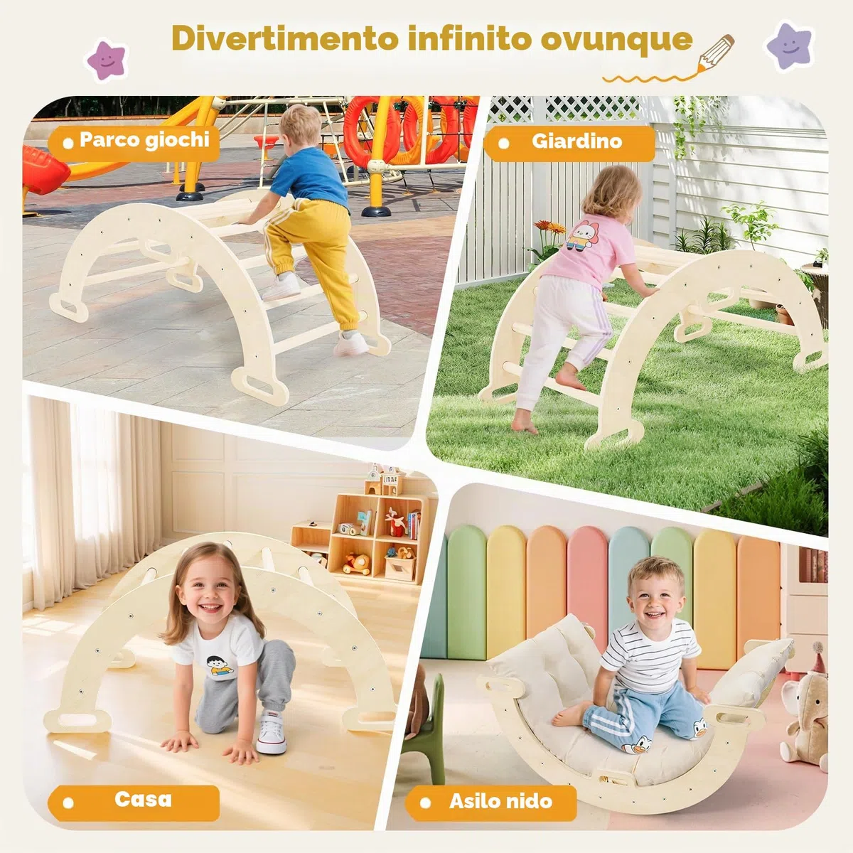 Arco da Arrampicata Montessori 2 in 1 con braccioli per bambini legno naturale cuscino tappetino antiscivolo 1-6 anni