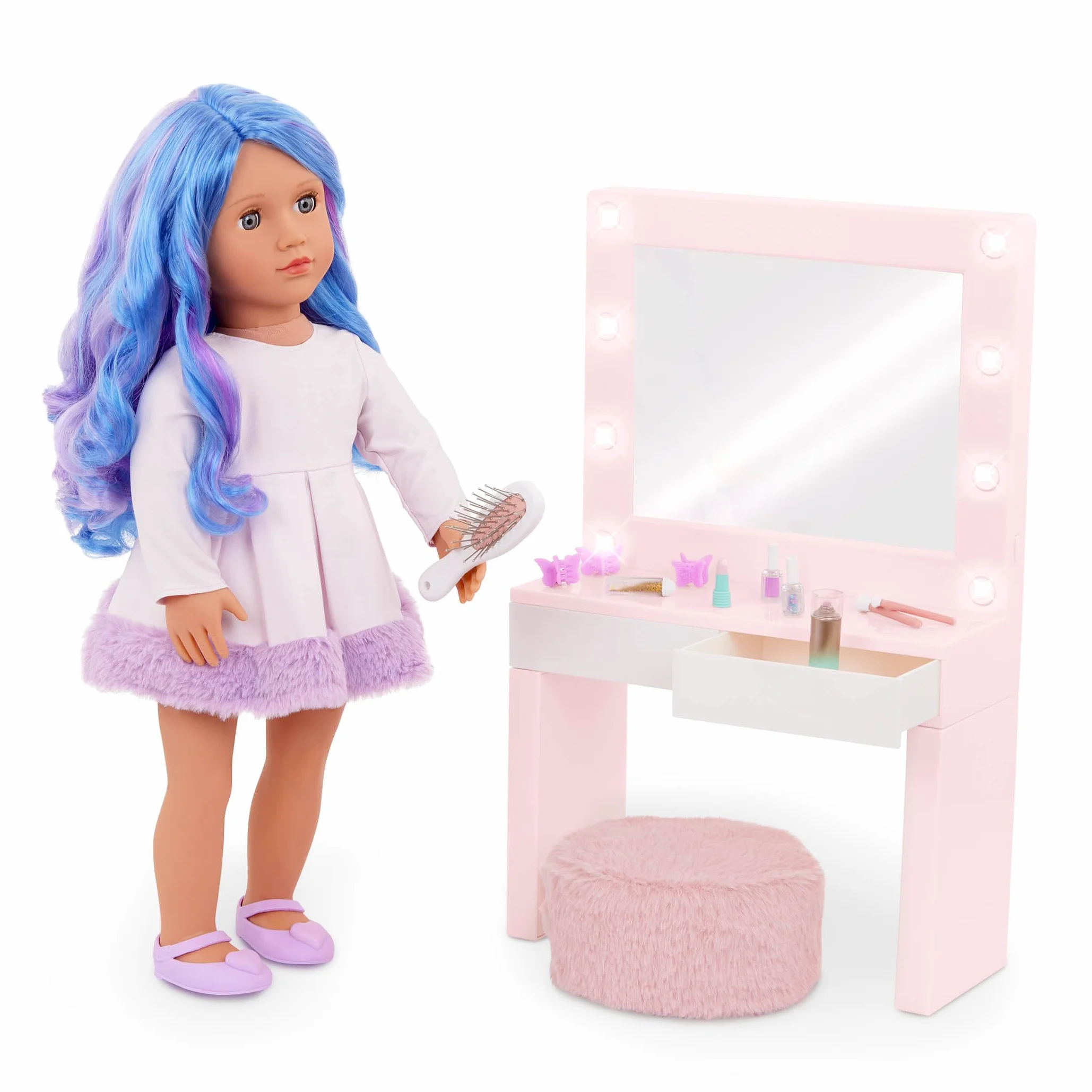 Our Generation Glam & Glow Vanità Playset - Tavolo Rosa con Specchio Luminoso - Giocattolo Trucco Bambini 3+