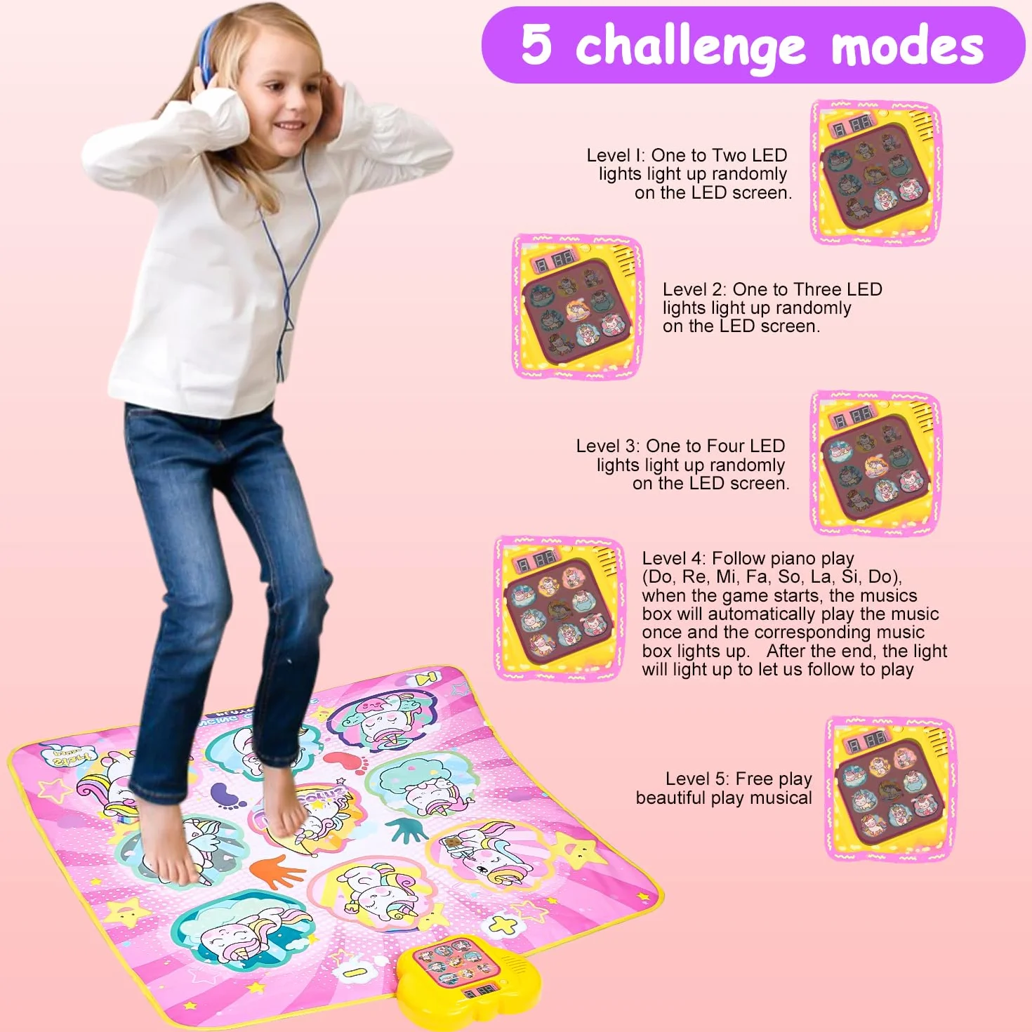 Tappeto da ballo per bambini dai 3 ai 12+ anni, giocattolo tappeto da ballo unicorno con display a LED, 5 modalità di gioco, ballo di tappeto musicale regalo ragazza 3 4 5 6 7 8 9 10 11 12 anni