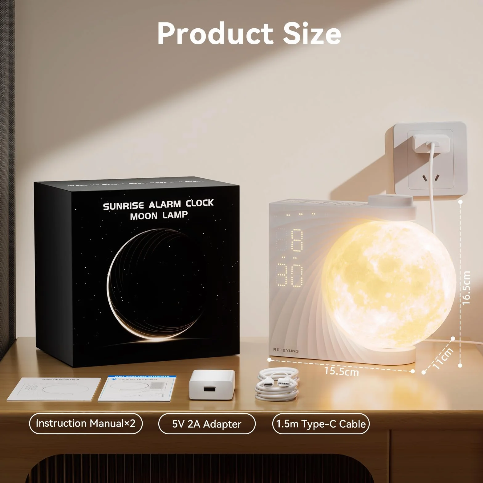 RETEYUNG Lampada Luna con Luce,2 Sveglie, Lunare RGB 8 Colori, Suoni Naturali, Wake Up Light, Lampada da Comodino a 3 Livelli di Luminosità Luce Notturna per Donne Ragazze Ragazzi (Rotazione manuale)