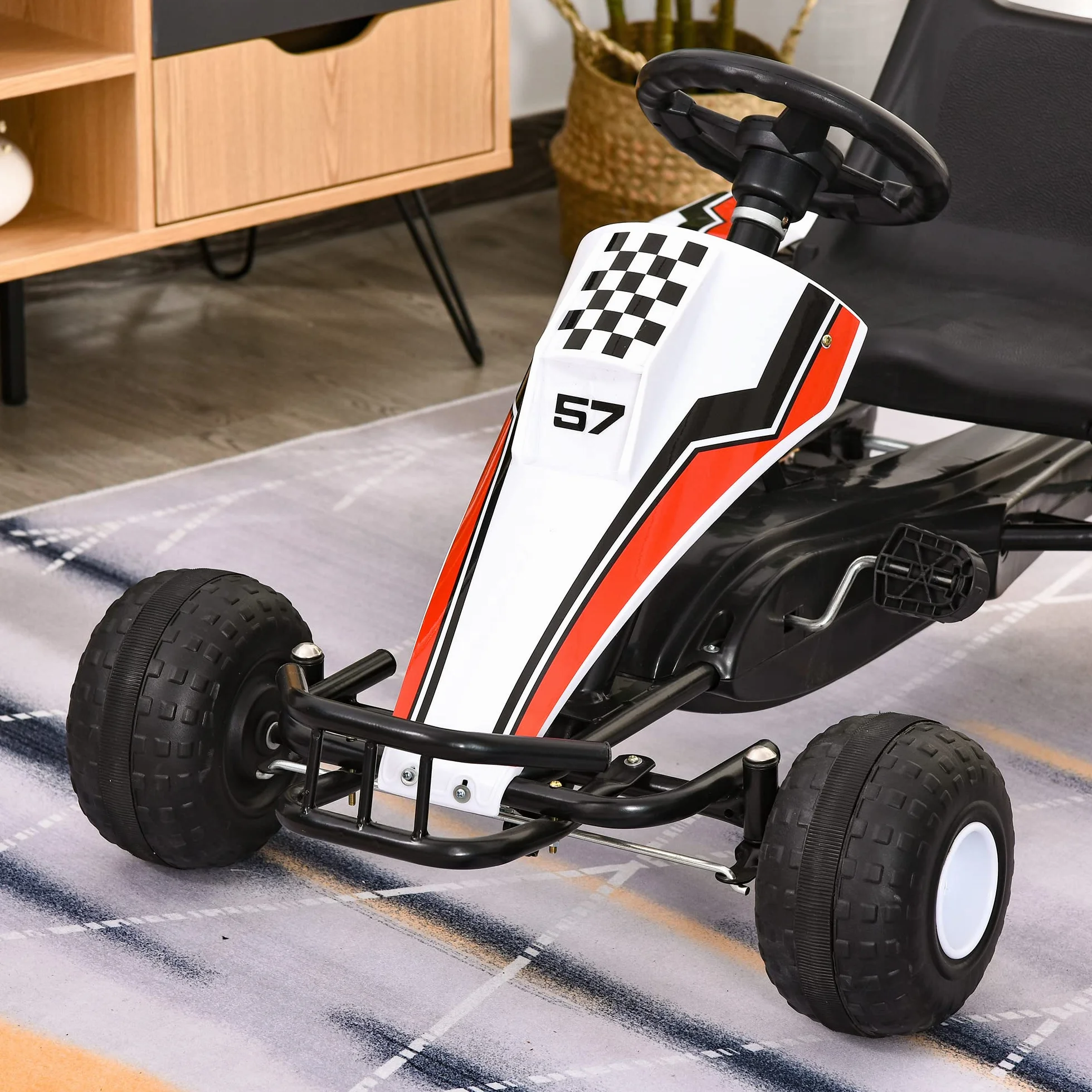 HOMCOM Go-Kart a Pedali Bianco per Bambini 3-6 Anni Sedile Regolabile Freno a Mano Cambio