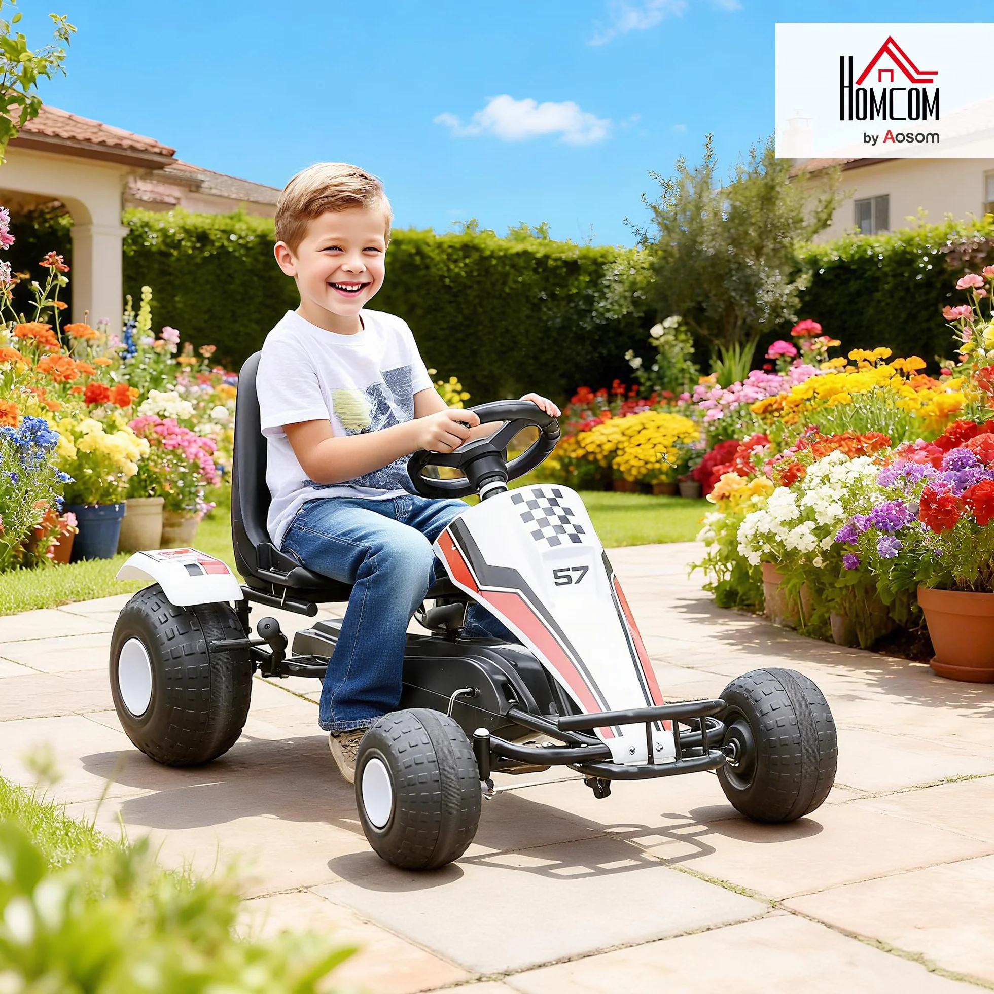 HOMCOM Go-Kart a Pedali Bianco per Bambini 3-6 Anni Sedile Regolabile Freno a Mano Cambio