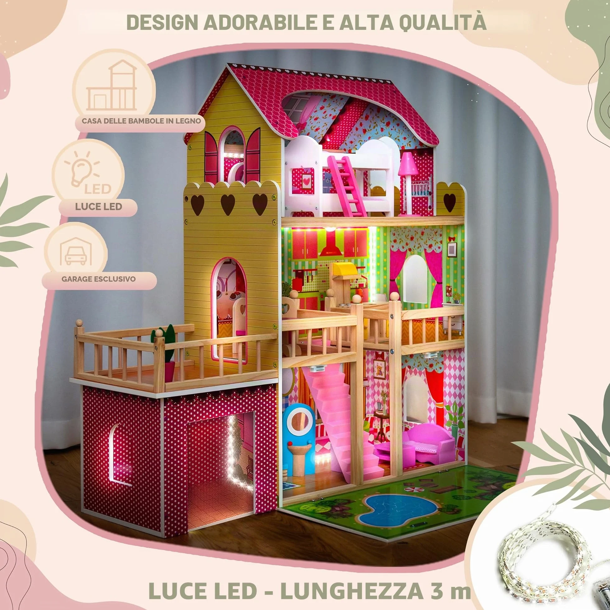 Kinderplay Green Series Casa delle Bambole in Legno – Villa a 3 Piani con LED, Giardino e Garage – Arredi Inclusi – 90x60x90 cm – Modello GS0020