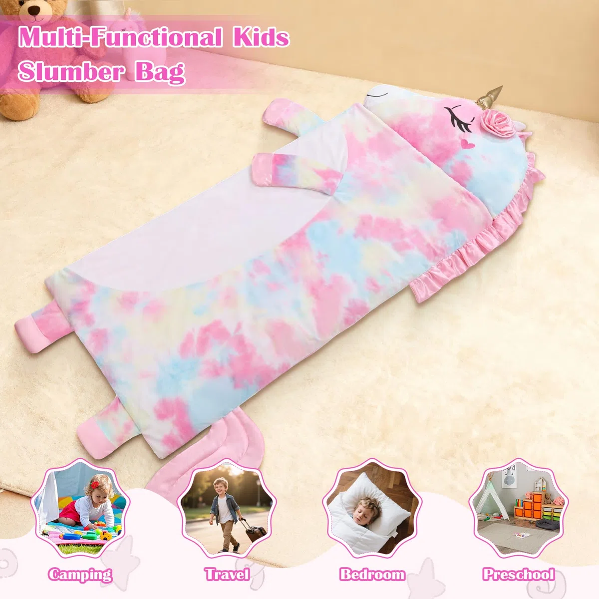 Sacco a Pelo Bambini Sfoderabile con Cuscino, Nap Mat Caldo in Peluche a Forma di Elefante, Sacco Nanna Grande Pieghevole per Interno Esterno Campeggio, 170x70cm, Blu