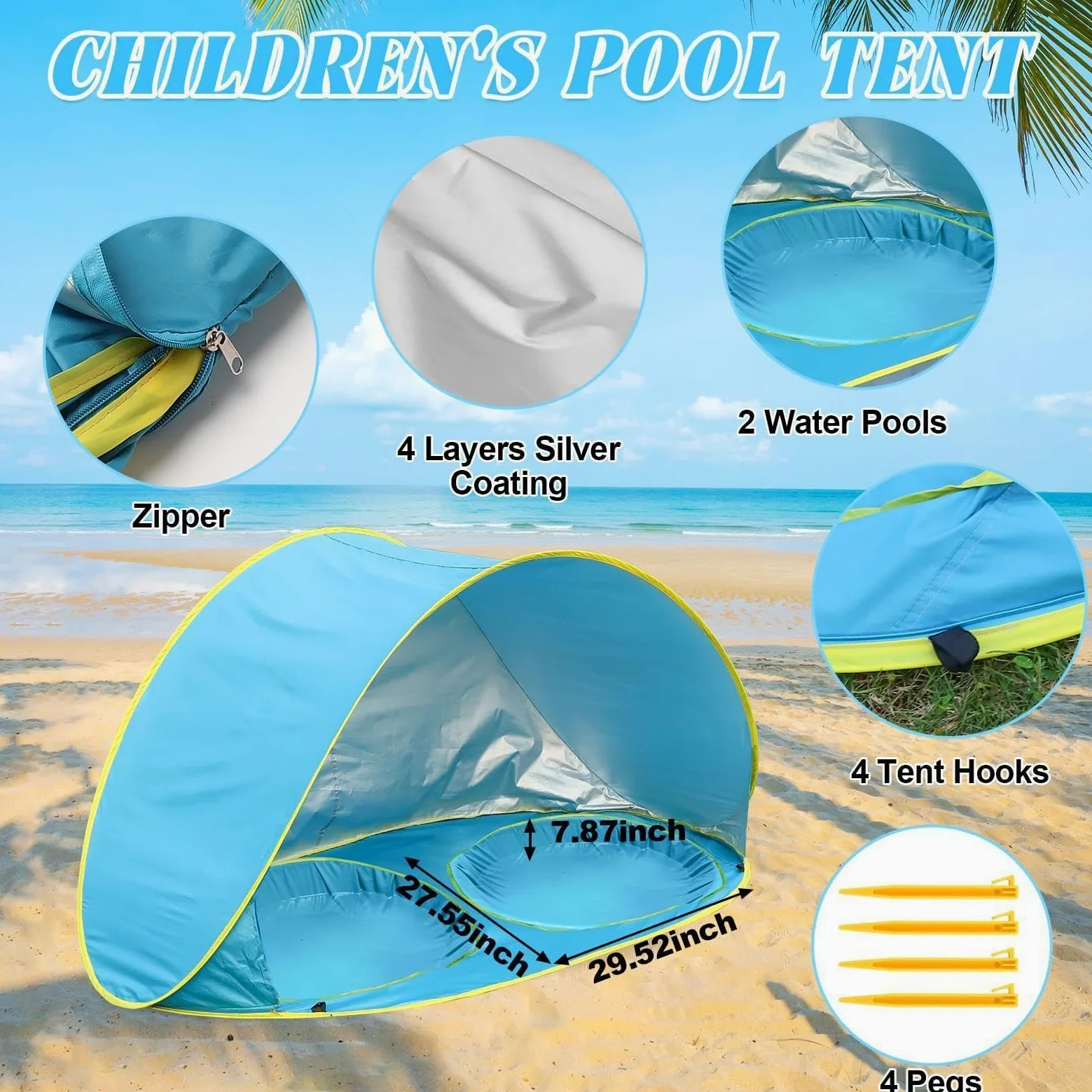 Kids Beach Tent With Pool, Pop-Up Sun Shelter UV Protection Foldable Portable