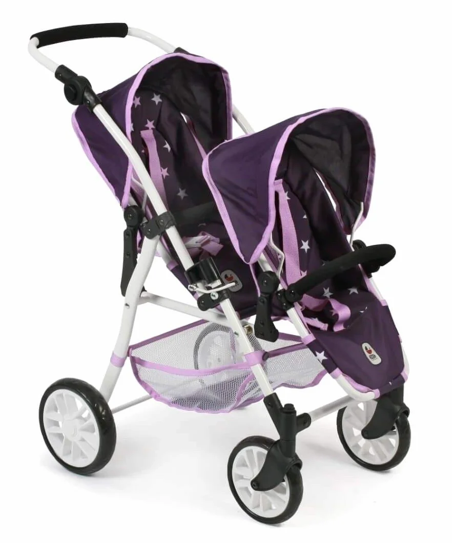 Tandembuggy Twinny - Passeggino gemellare per due bambole, passeggino per bambini dai 4 agli 8 anni, motivo: stelle viola