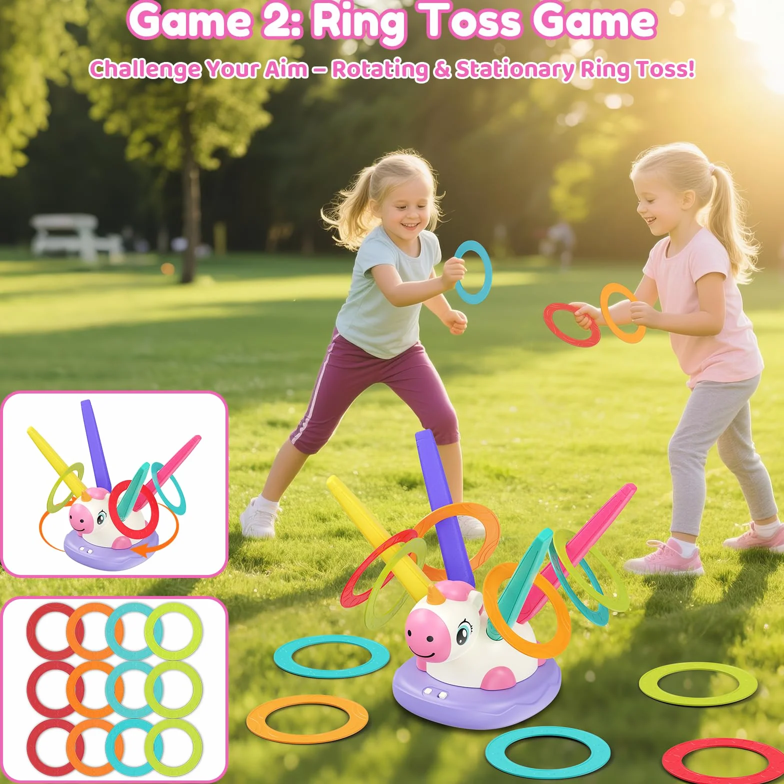 Aliex Unicorno Bambina Regalo 3 4 5 6 7 8 9 Anni | 3 in 1 Giochi da Esterno per Bambini – Salta con Musica, Razzo Spaziale Giocattolo e Gioco Lancio Anelli - Giochi da Giardino e Interno