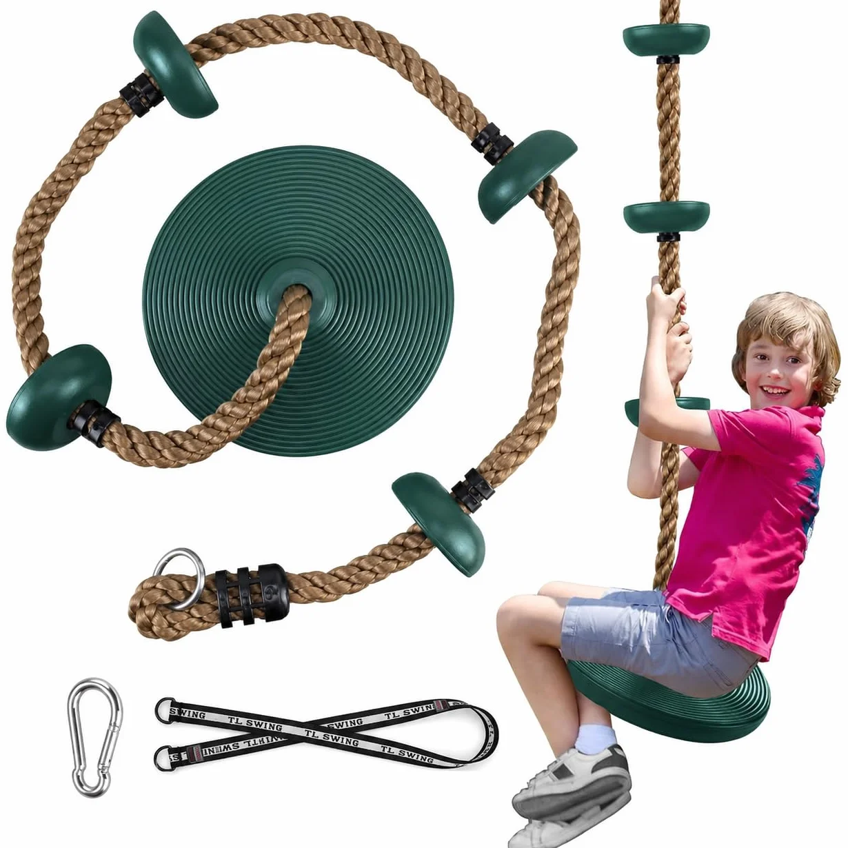 Altalena con Corda da Arrampicata, Altalena per Bambini da Esterno con Sedile Regolabile, Lunghezza della Corda Regolabile, Portata fino a 200 kg per Giardino, Parco, Parco Giochi (Verde)