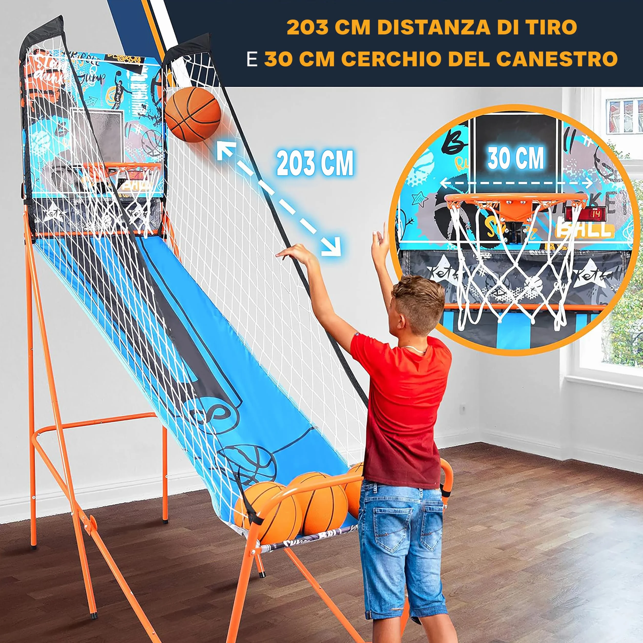 SereneLife Canestro Basket Esterno e Interno, Canestro da Basket Singolo Tiro con Opzione Audio, Grande Segnapunti LED, Blu
