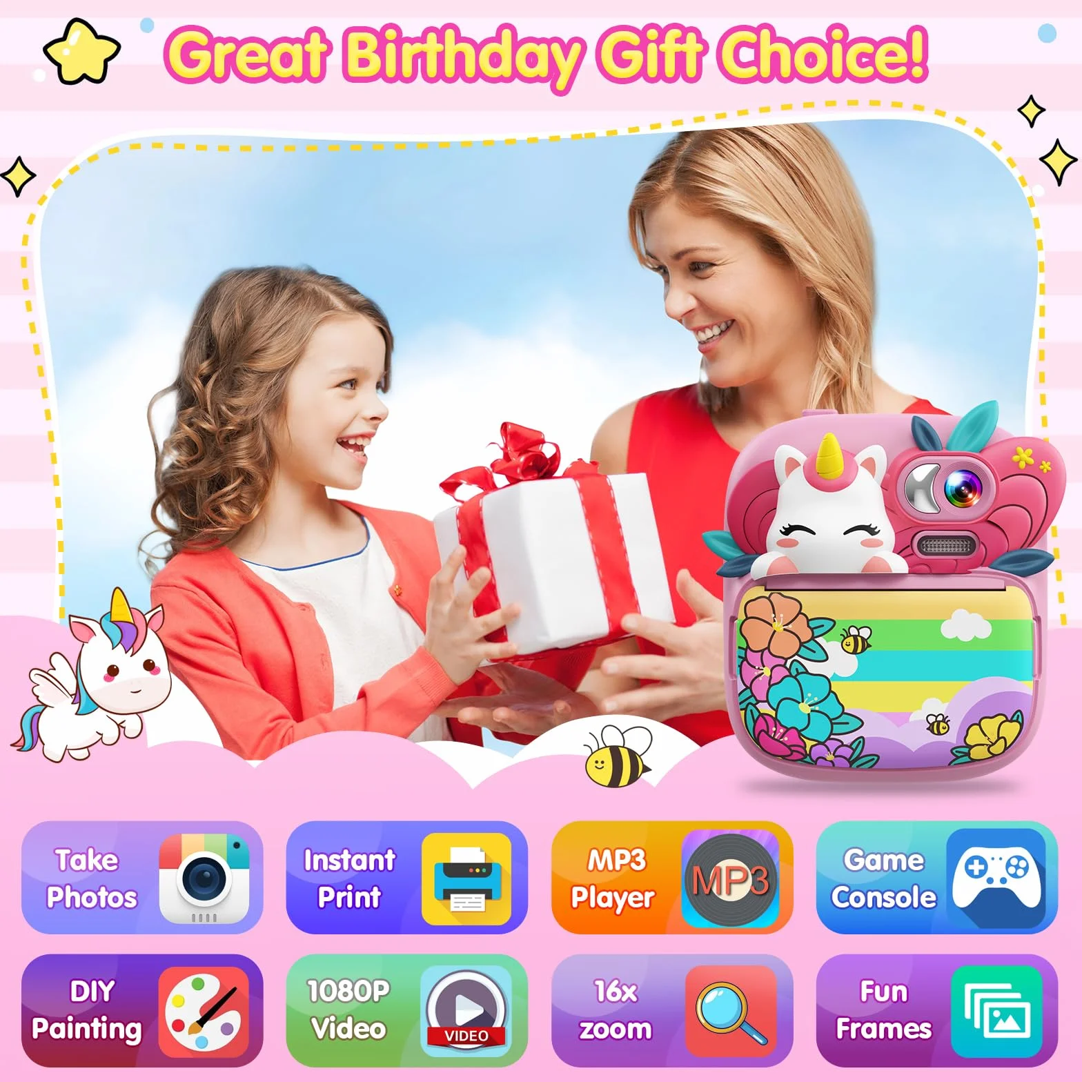 TIATUA Macchina Fotografica Bambini Istantanea, 2.4 Pollici 1080P HD Fotocamera Bambini con 32GB Scheda & Carta da Stampa, Regali per bambini dai 3 ai 12 anni