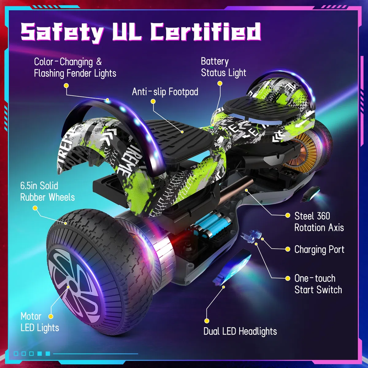 SISIGAD Self-balancing Hoverboard Bluetooth Coloured LED Lights Gifts for Children