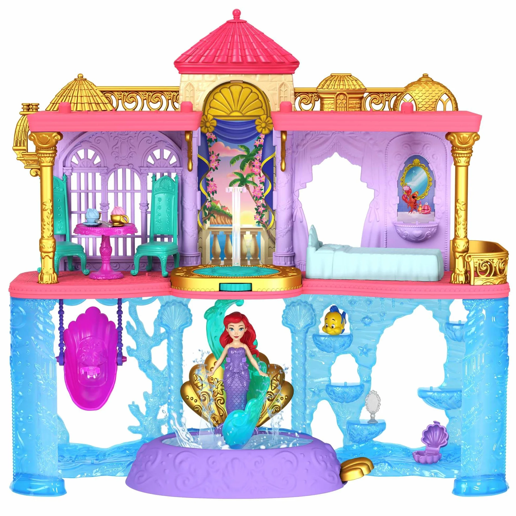 Mattel Disney Princess - Il Castello dei Due Mondi di Ariel, Set componibile Ispirato al Film, Mini Bambola e 1 Amico, 12 Accessori, 6 Aree Gioco e Piscina, Giocattolo per Bambini, 3+ Anni, HLW95