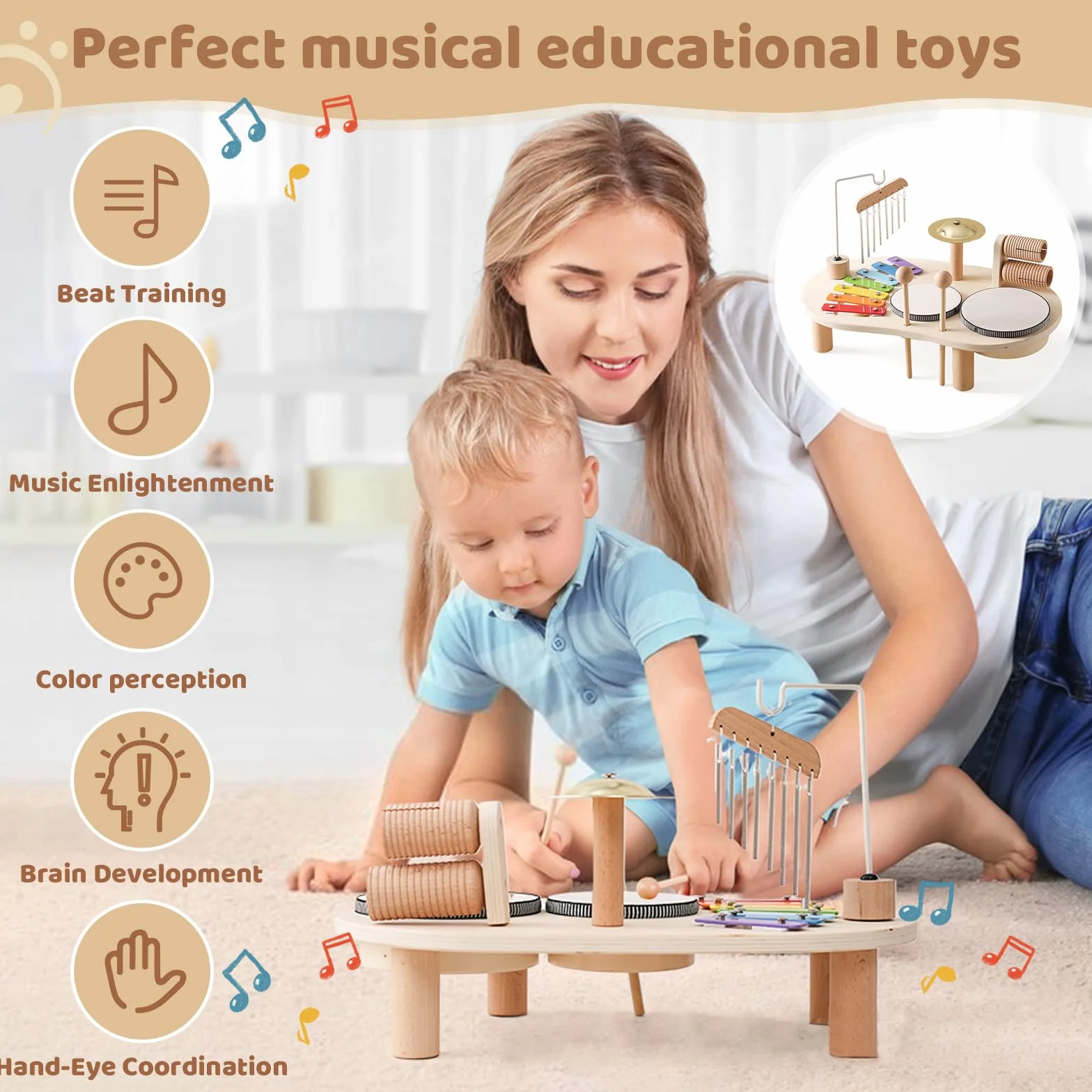 7 in 1 Baby Drum Set per Bambini, Xylophone Giocattolo Musicale di Legno, Strumenti Musicali Montessori del Bambino,Regalo di Compleanno per Ragazzi E Ragazze, A