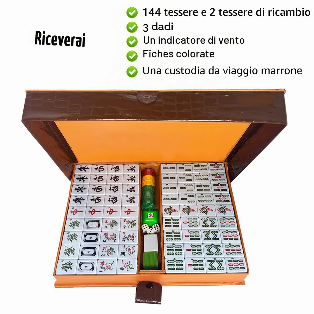 Set Mahjong da gioco cinese con custodia da viaggio 144+2 piastrelle 1,5" numeri arabi dadi indicatore vento