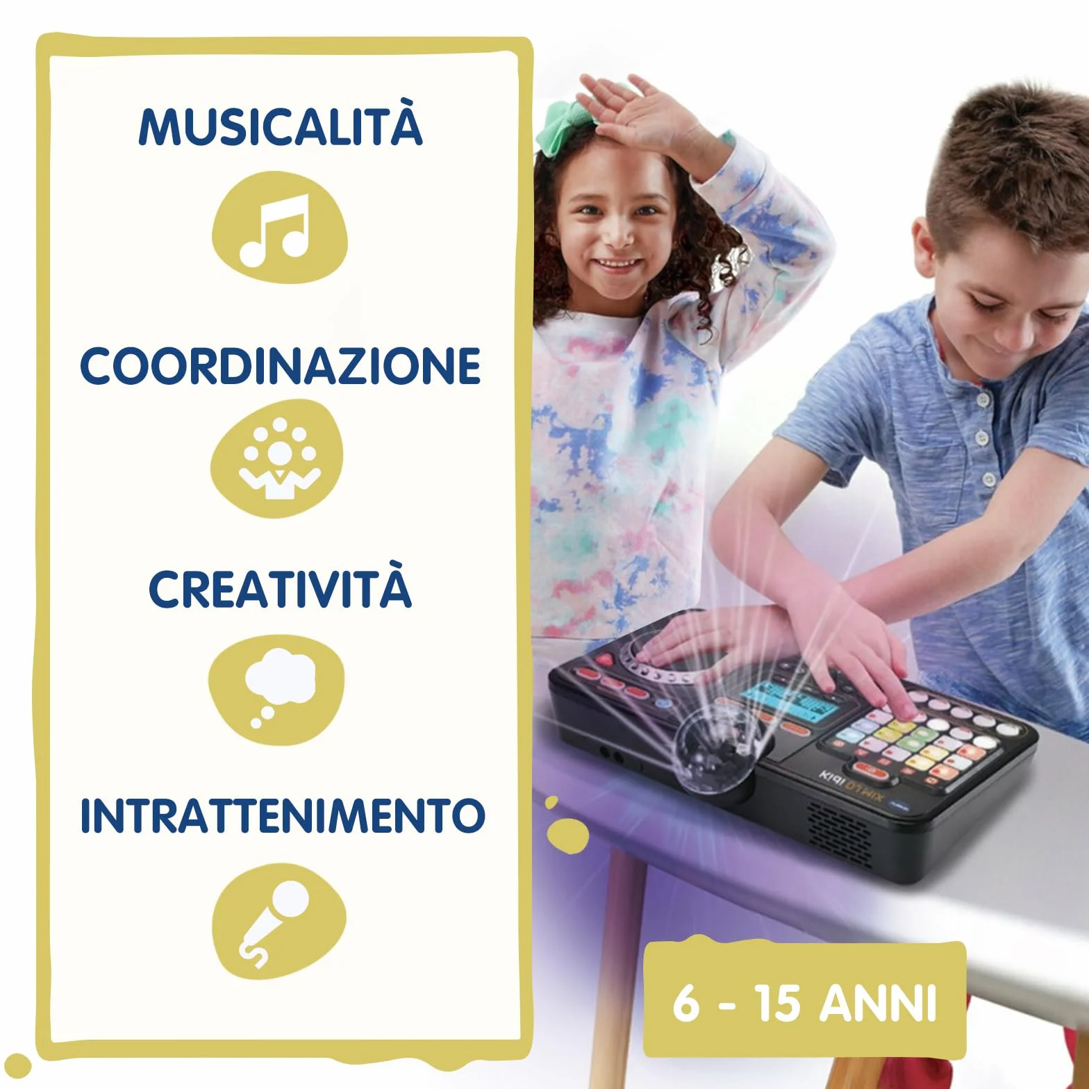 VTech Kidi DJ Mix, Console da DJ per Bambini, Effetti Luminosi da Concerto, DJ Mix da Bambini con Microfono, Collega il Tuo Lettore MP3, Jack o Bluetooth, Lingua Italiana, Batterie Incluse, 6+ Anni