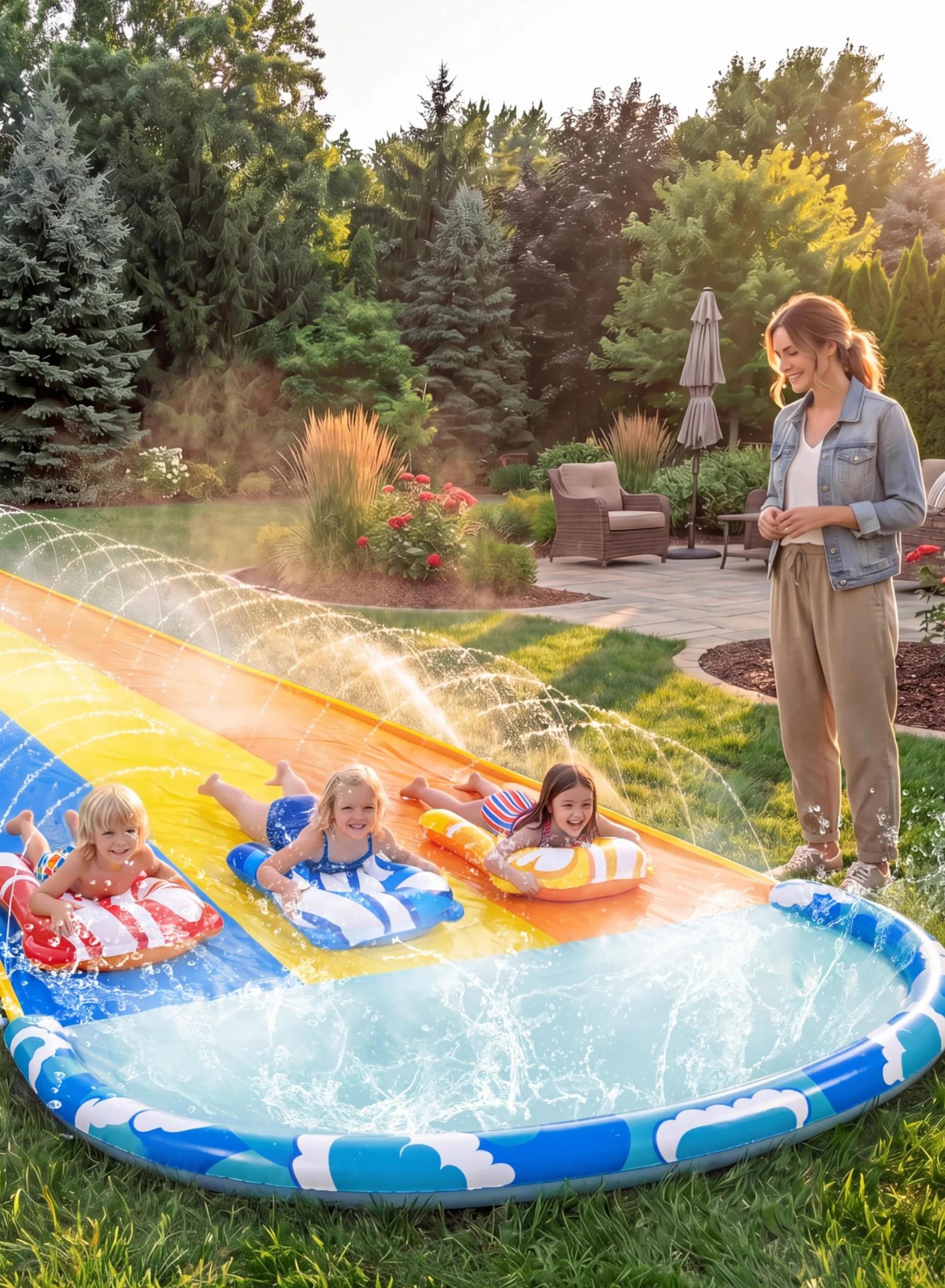 Sloosh Scivolo d'Acqua Triplo con Onde 22,5ft x 84in, Scivolo da Giardino con 3 Bodyboard e Irrigatore, Gioco d'Acqua Estivo per Bambini e Adulti